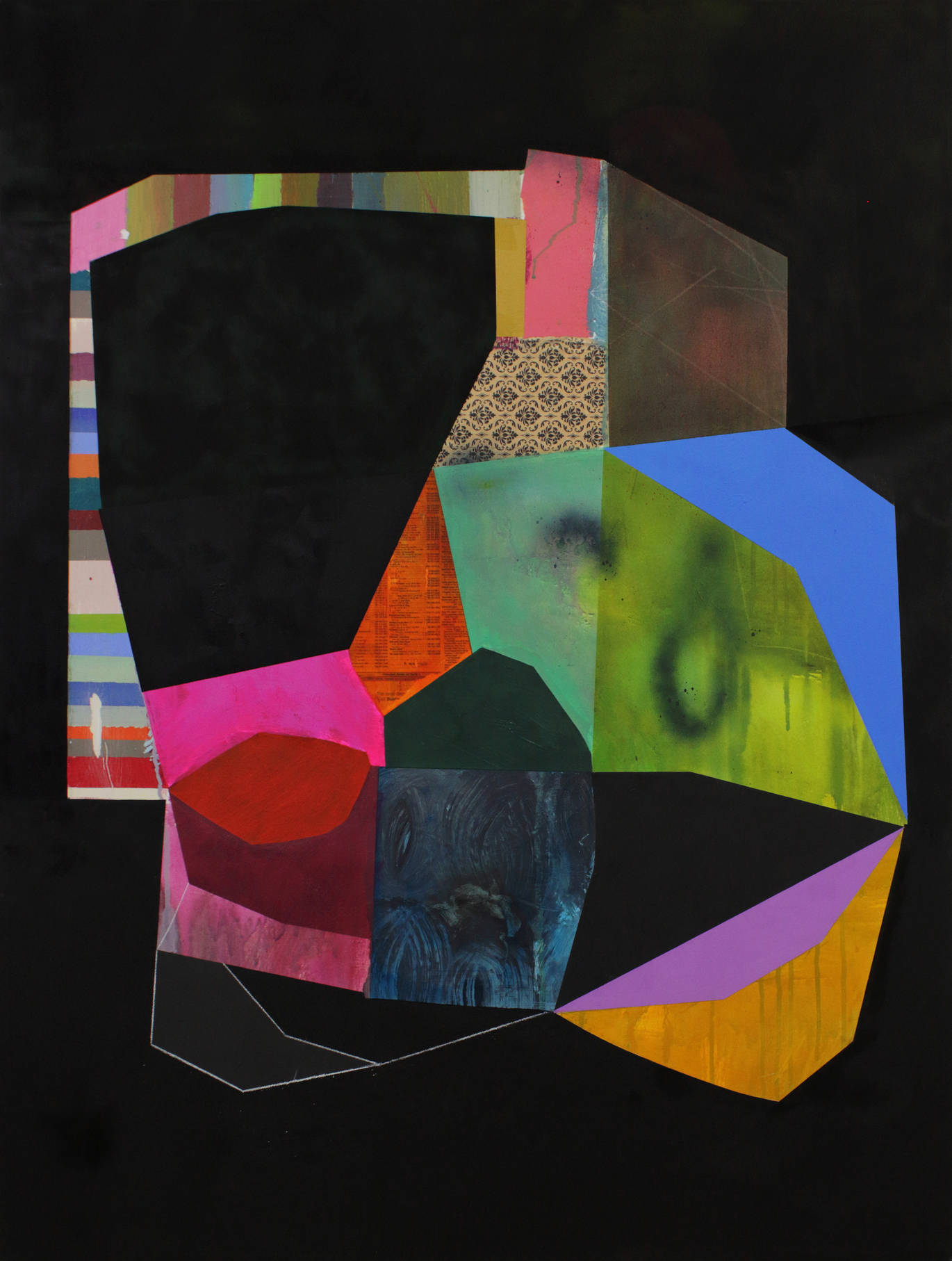 A three-dimensional collage artwork featuring geometric paper and fabric forms layered against a black background. Vibrant colors including hot pink, electric lime green, cobalt blue, and mustard yellow contrast with dark charcoal and burgundy sections, creating a dynamic composition with overlapping planes and mixed textured surfaces.