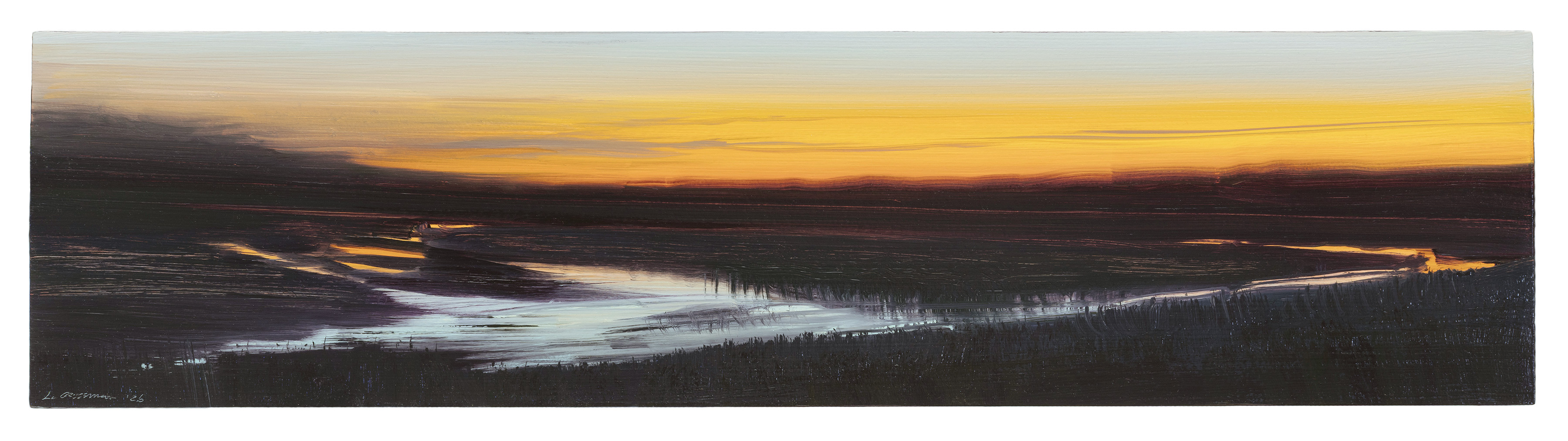 A horizontal landscape painting depicting a river valley at dusk, with a winding waterway reflecting golden and white light against dark forested banks. The composition features warm amber and orange tones in the sky above silhouetted treelines, creating a dramatic contrast with the cool silvery reflection of water below.