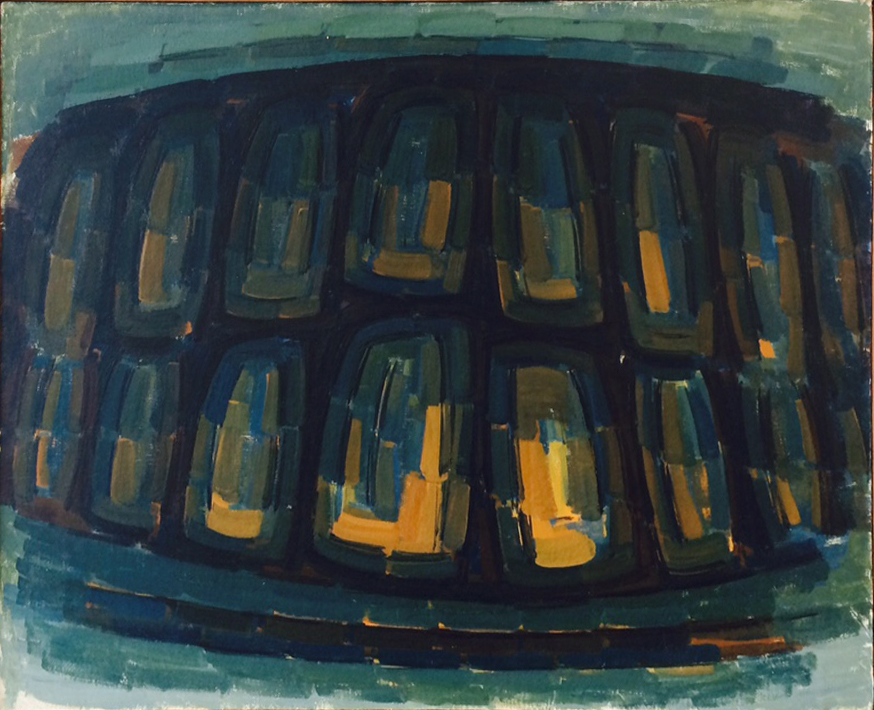 Abstract painting featuring a dark curved form resembling a ribbed vessel or architectural structure, rendered in deep blues and blacks with interior divisions in ochre, tan, and muted green. The composition is set against a soft blue-green background, executed in loose, gestural brushwork with visible layering and a matte finish.
