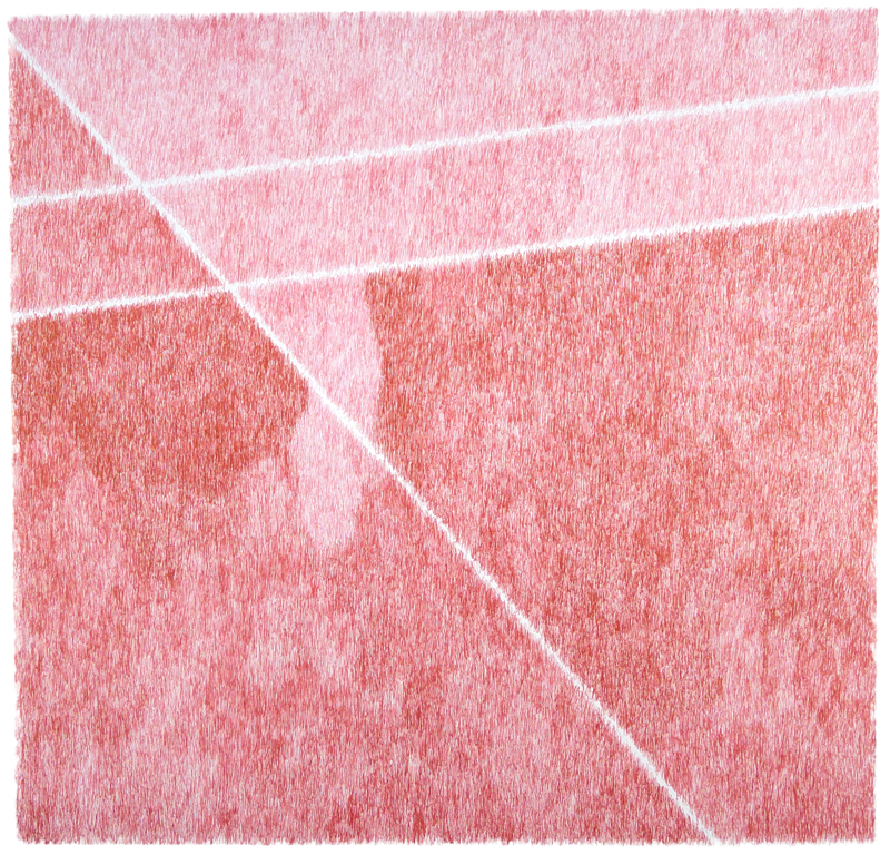 Abstract composition of layered geometric sections in varying shades of pink and coral, divided by crisp white diagonal and horizontal lines. The textured surface suggests a hand-drawn quality with visible mark-making throughout.