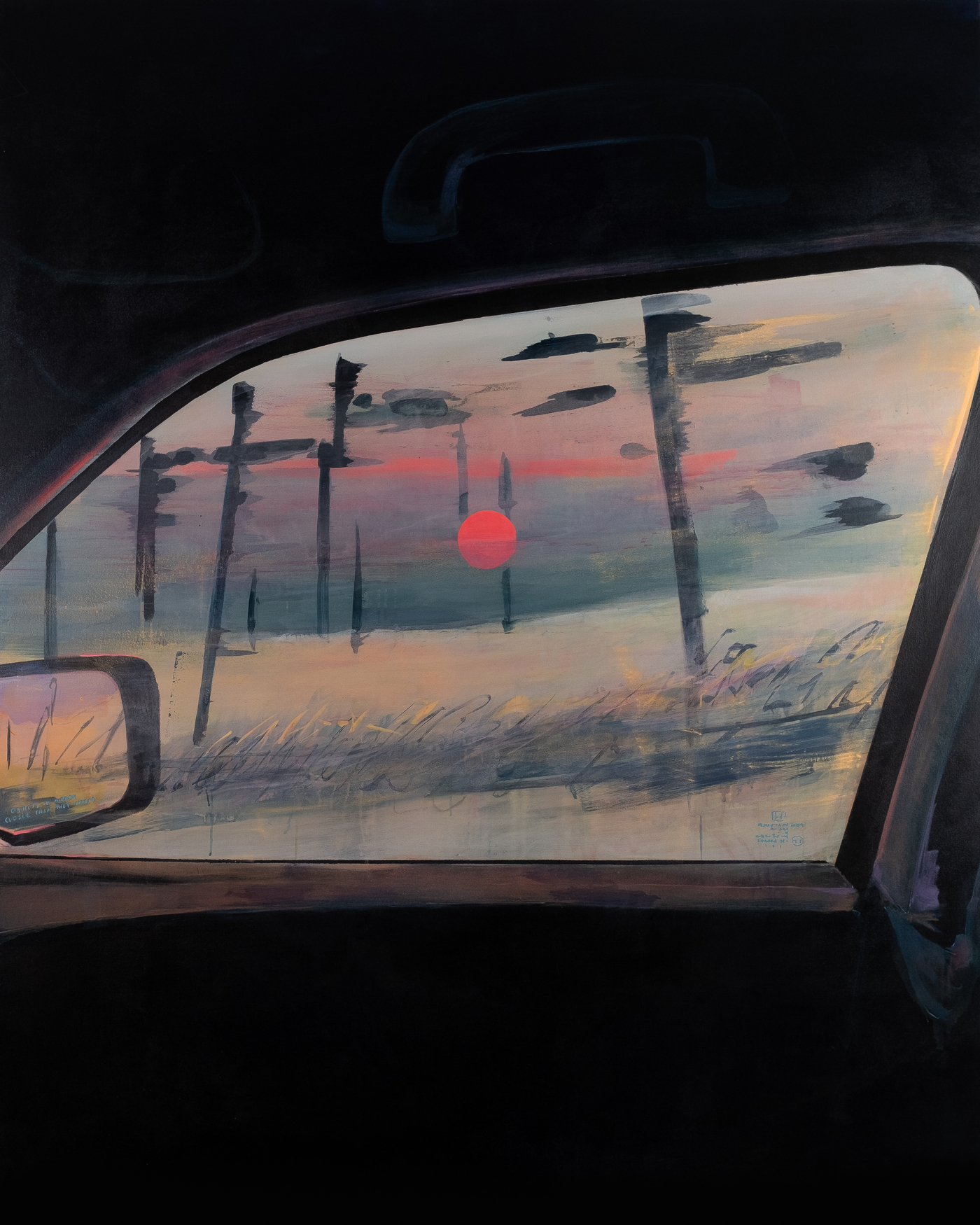 A landscape painting viewed through a car window depicts a wetland scene at sunset with a glowing red sun reflected in still water. Weathered wooden posts rise from the marsh amid golden grasses, framed by the dark interior of the vehicle and rendered in soft, atmospheric layers of pink, orange, and blue tones.