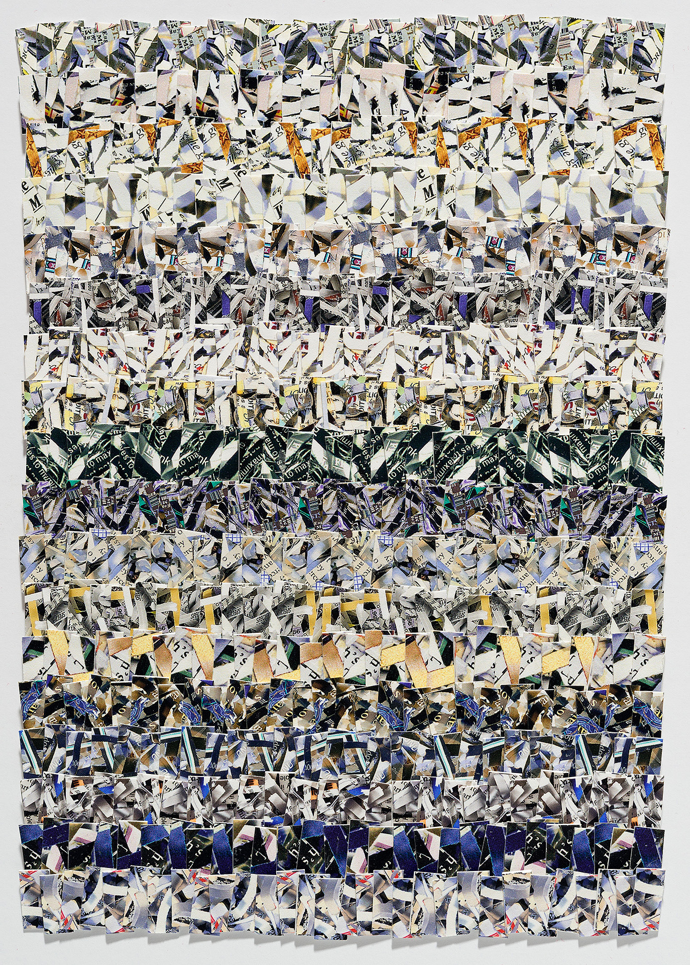 A large-scale abstract composition made of horizontally banded rows of shredded paper and text fragments in black, white, cream, yellow, orange, blue, and purple. The densely layered strips create a textured, collage-like surface with a rhythmic, repetitive pattern across the entire rectangular format.