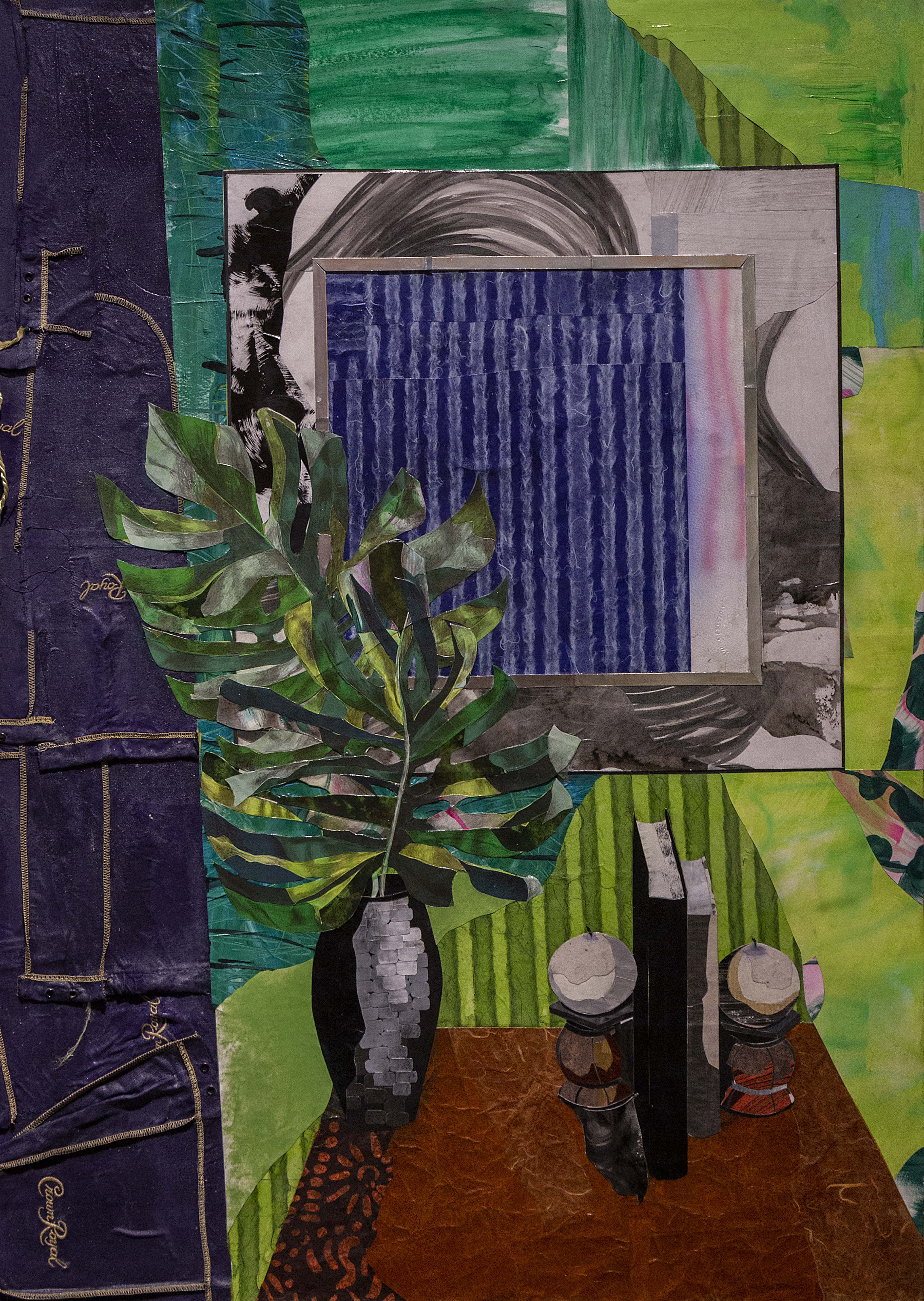 A mixed media collage featuring a potted plant with green leaves positioned in the center, surrounded by layered papers and fabrics in shades of purple, green, blue, and brown. A framed abstract composition with dark vertical stripes and soft pink tones hangs above the plant, while decorative textile elements with gold stitching appear on the left side and patterned green fabrics fill the background and sides of the composition.