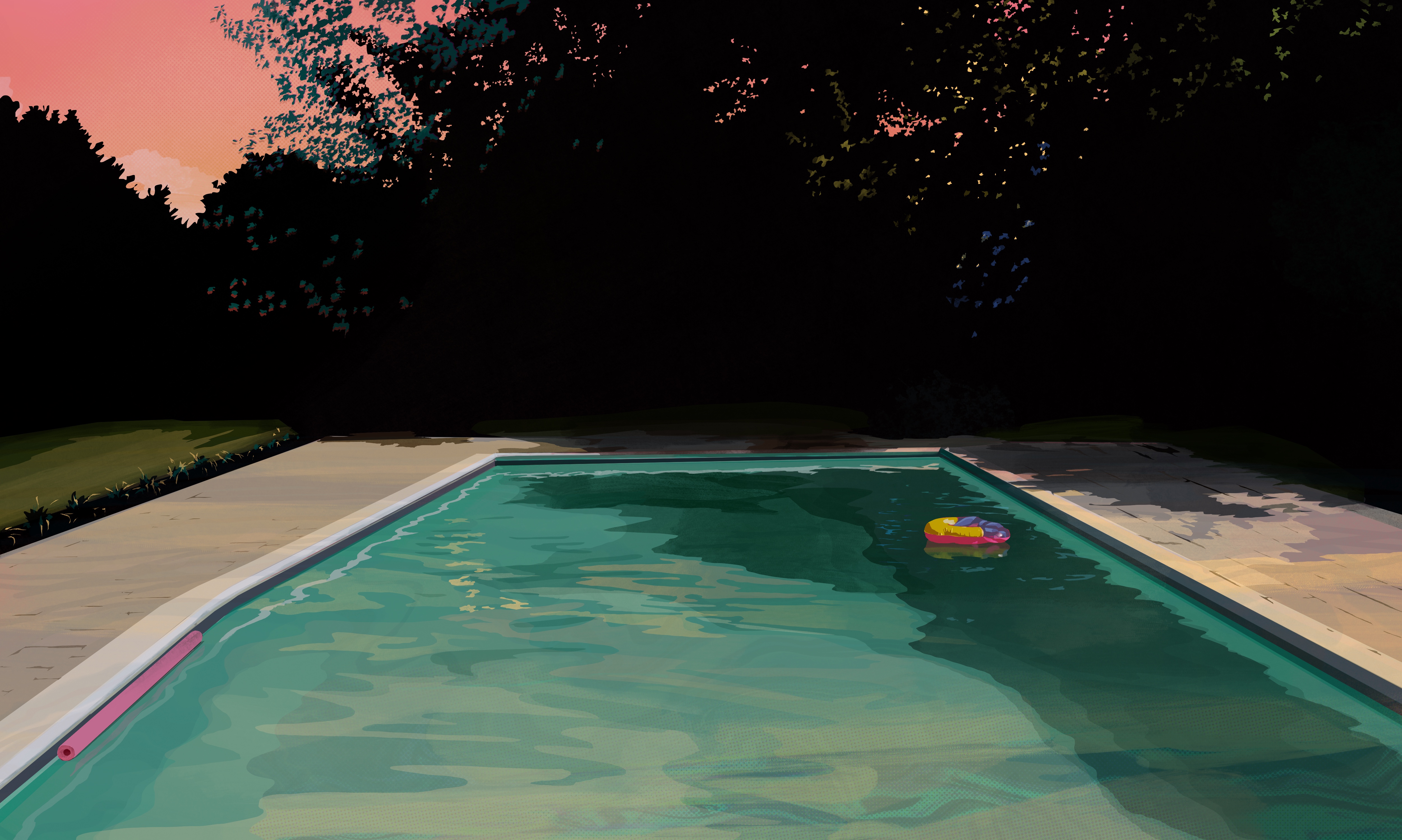 A rectangular swimming pool with turquoise water floats a colorful inflatable raft, surrounded by pale concrete decking. Dense dark foliage and trees frame the pool's edges beneath a pink-hued twilight sky, creating a striking contrast between the serene water and shadowed landscape.