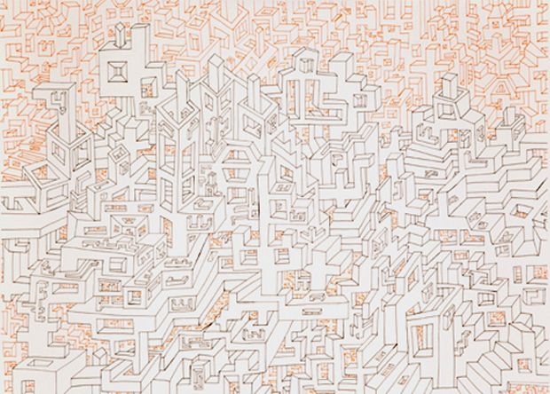 An intricate isometric line drawing in ink on paper depicts a dense, labyrinthine cityscape of interconnected buildings and geometric structures rendered in muted orange and cream tones. The composition fills the entire surface with overlapping architectural forms, creating a complex, three-dimensional urban landscape viewed from an elevated perspective.