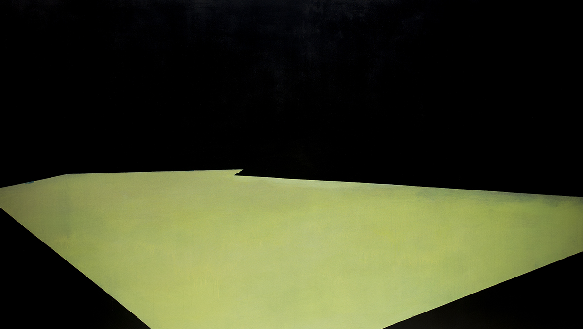 A pale yellow-green geometric form emerges from darkness, its angular surface receding into deep shadow. The composition emphasizes stark contrast between the luminous plane and the black void surrounding it.
