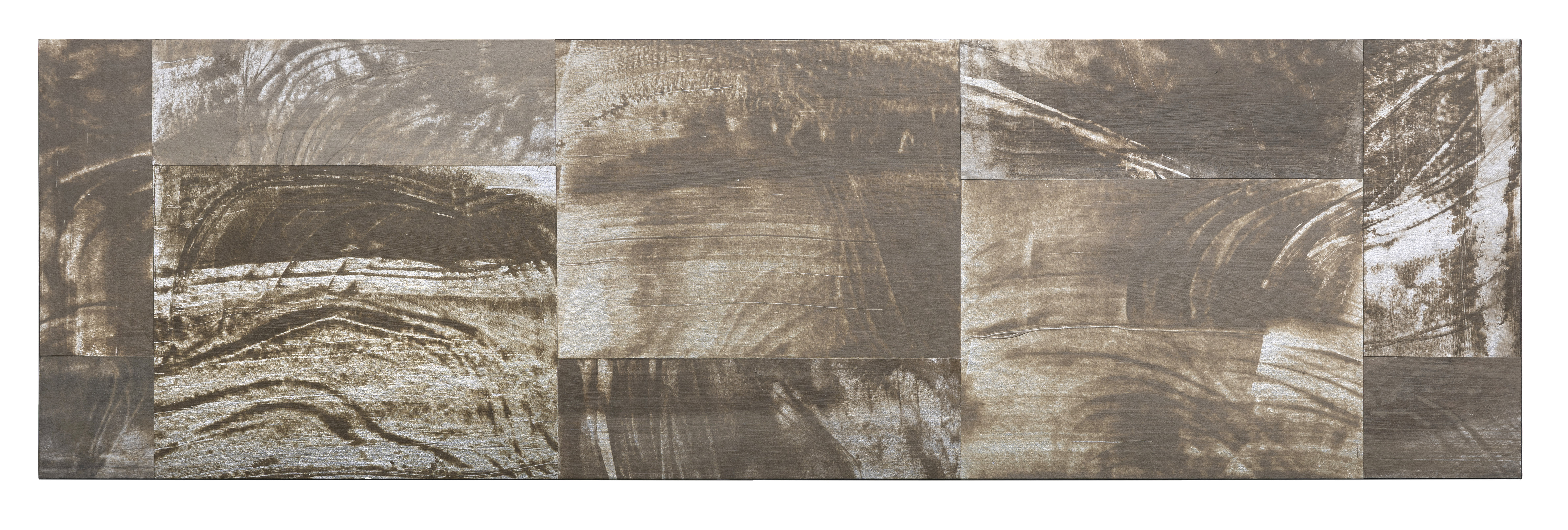 Abstract composition of layered rectangular panels in bronze and metallic tones featuring gestural marks, organic curved lines, and weathered surface textures that suggest flowing water or geological formations.