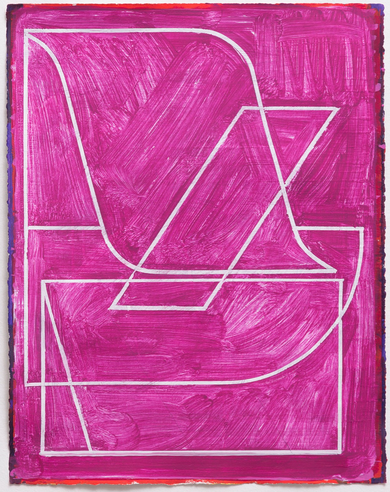 A vibrant magenta composition with white linear outlines dividing the canvas into geometric sections. Horizontal bands alternate with angular shapes, creating an abstract architectural or landscape-like form rendered in bold brushstrokes across the entire surface.