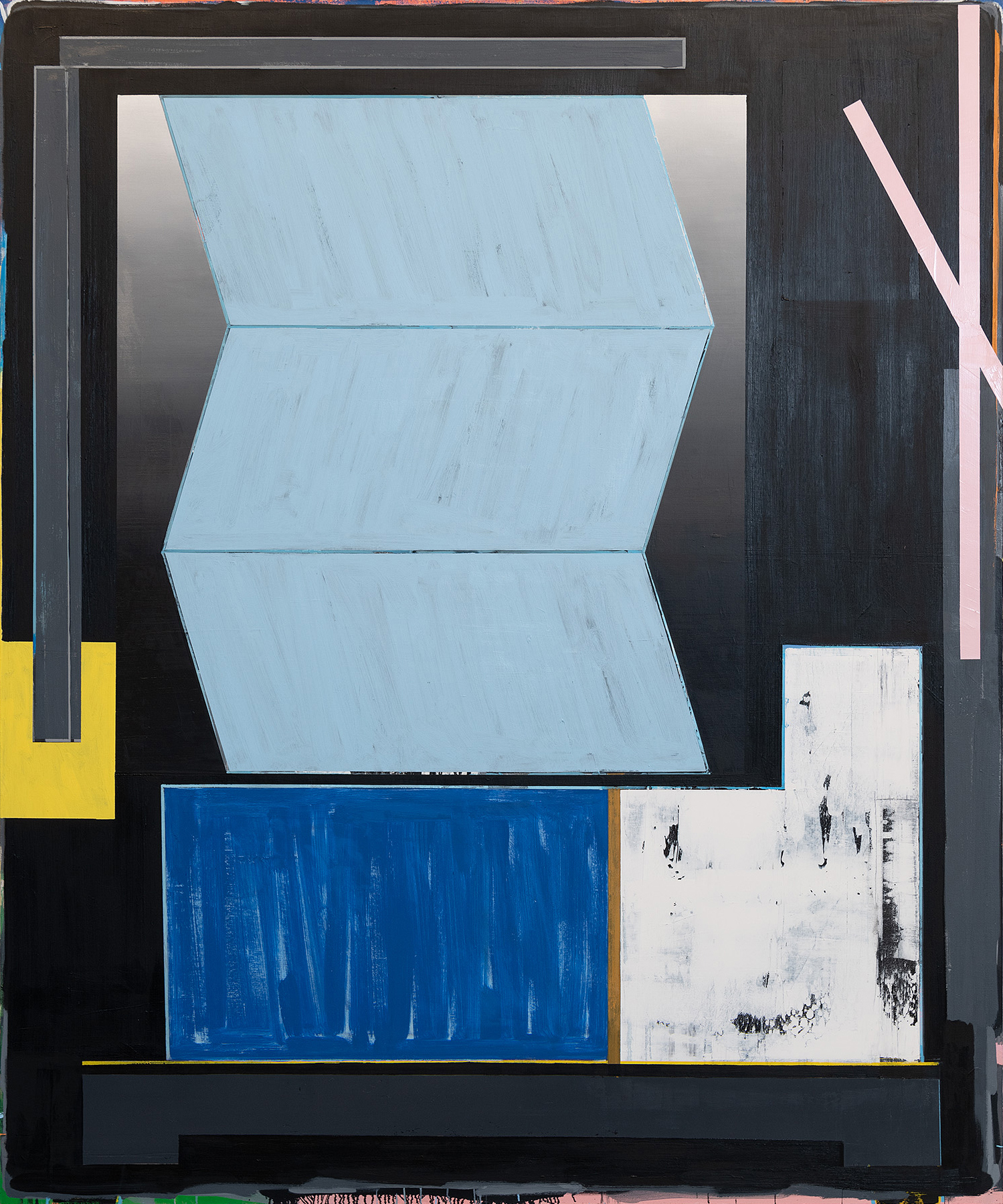 Abstract composition featuring a large light blue chevron or folded form dominating the center, set against a dark charcoal background. The lower portion contains a deep blue rectangular section with visible brushstrokes, a white textured area with black marks, and thin yellow and gray linear elements dividing the composition. A pink vertical line appears on the right edge.