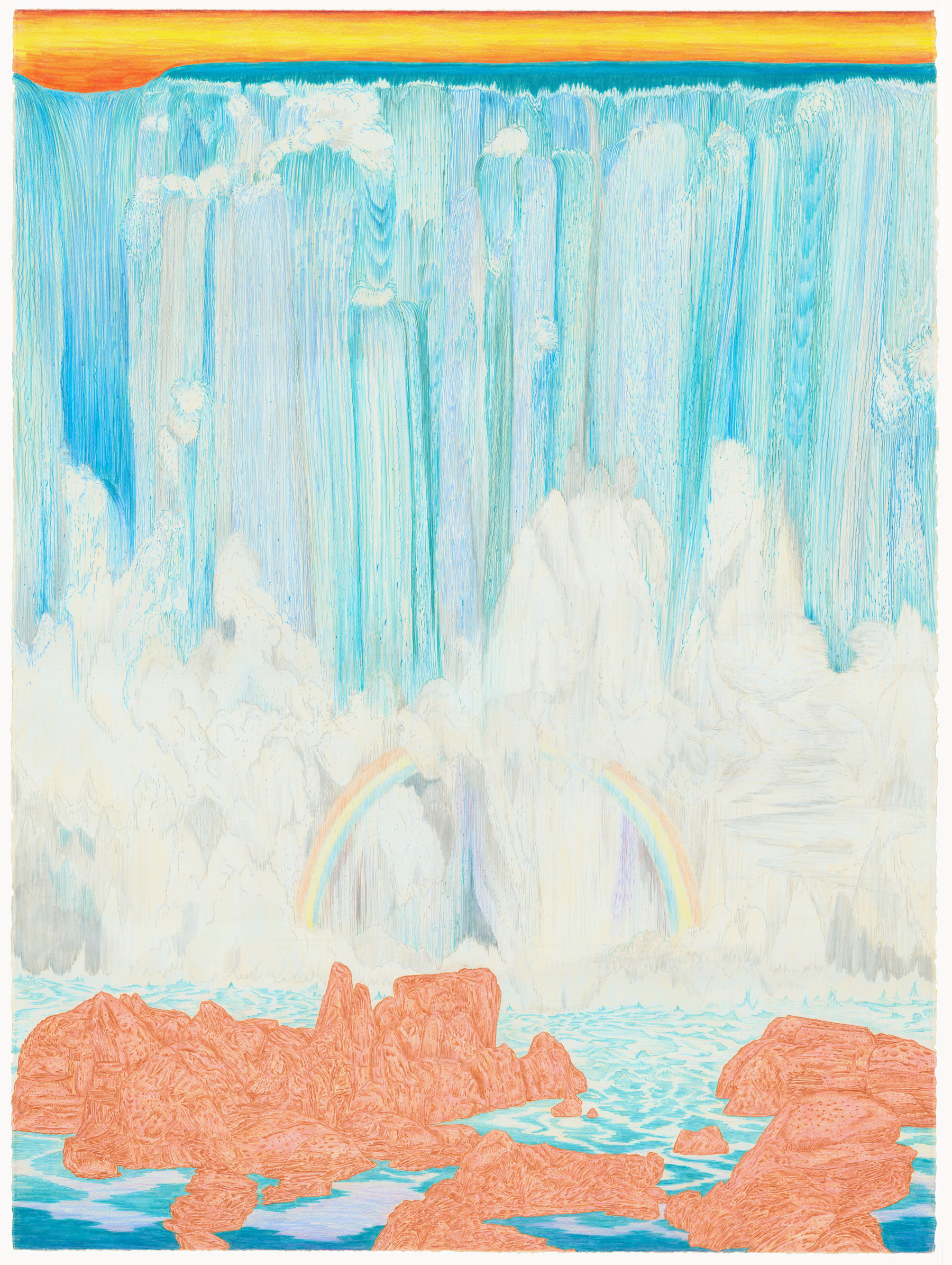 A dramatic landscape depicting a massive waterfall cascading from towering blue-green cliffs with vertical striations. White mist rises from the base where a delicate rainbow arcs across the spray, while reddish-orange rocky formations jut from turquoise waters in the foreground beneath a warm golden-orange sky.