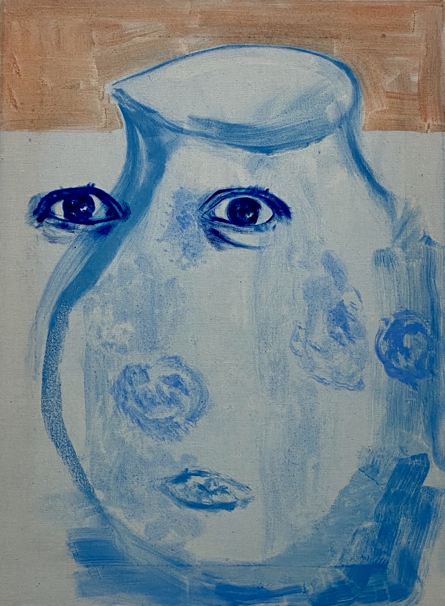 A portrait rendered in shades of blue and cream depicting a figure with an elongated face, prominent dark eyes with heavy lashes, and subtle facial features. The composition uses gestural brushstrokes and a limited color palette, set against a warm tan and neutral background.
