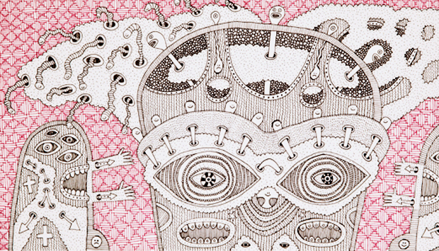Intricate black ink drawing on pink crosshatch-patterned paper depicting abstracted faces with exaggerated features—wide-set eyes, prominent mouths, and ornate decorative patterns throughout. The composition fills the entire surface with densely layered linear details, dotwork, and geometric ornamentation creating a visually complex, almost mechanical quality to the surreal portraiture.