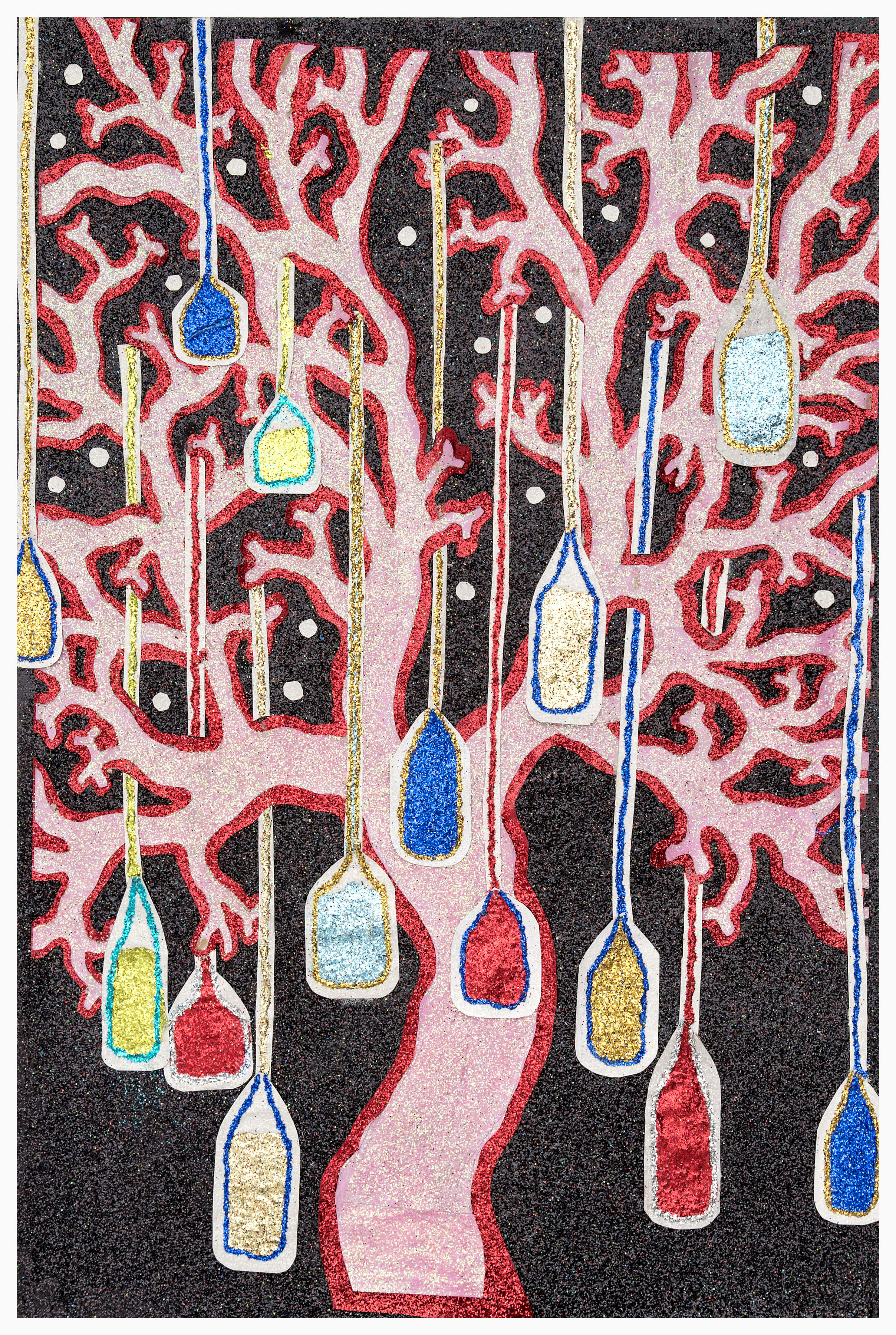 Hanging bottles in shades of blue, yellow, and red with metallic gold outlines descend against an ornate red and pink coral-like pattern on a dark textured background. White dots and vertical gold lines accent the composition, creating a sense of movement and rhythm across the layered, glittering surface.
