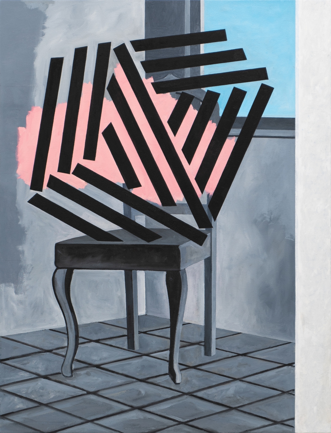 A black wooden chair with curved legs sits on a tiled floor against a grey wall. Bold black vertical and diagonal stripes emerge from the chair's seat, creating an explosive abstract form filled with vibrant pink, with horizontal black bars extending outward. A bright blue sky appears in the upper right corner, contrasting with the muted grey background.