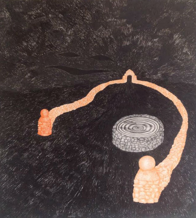 A stylized anatomical drawing rendered in orange and white against a dark textured background, depicting an organic curved form with bulbous ends connected by a tubular passage, enclosing a circular cross-section of tree rings at its center.