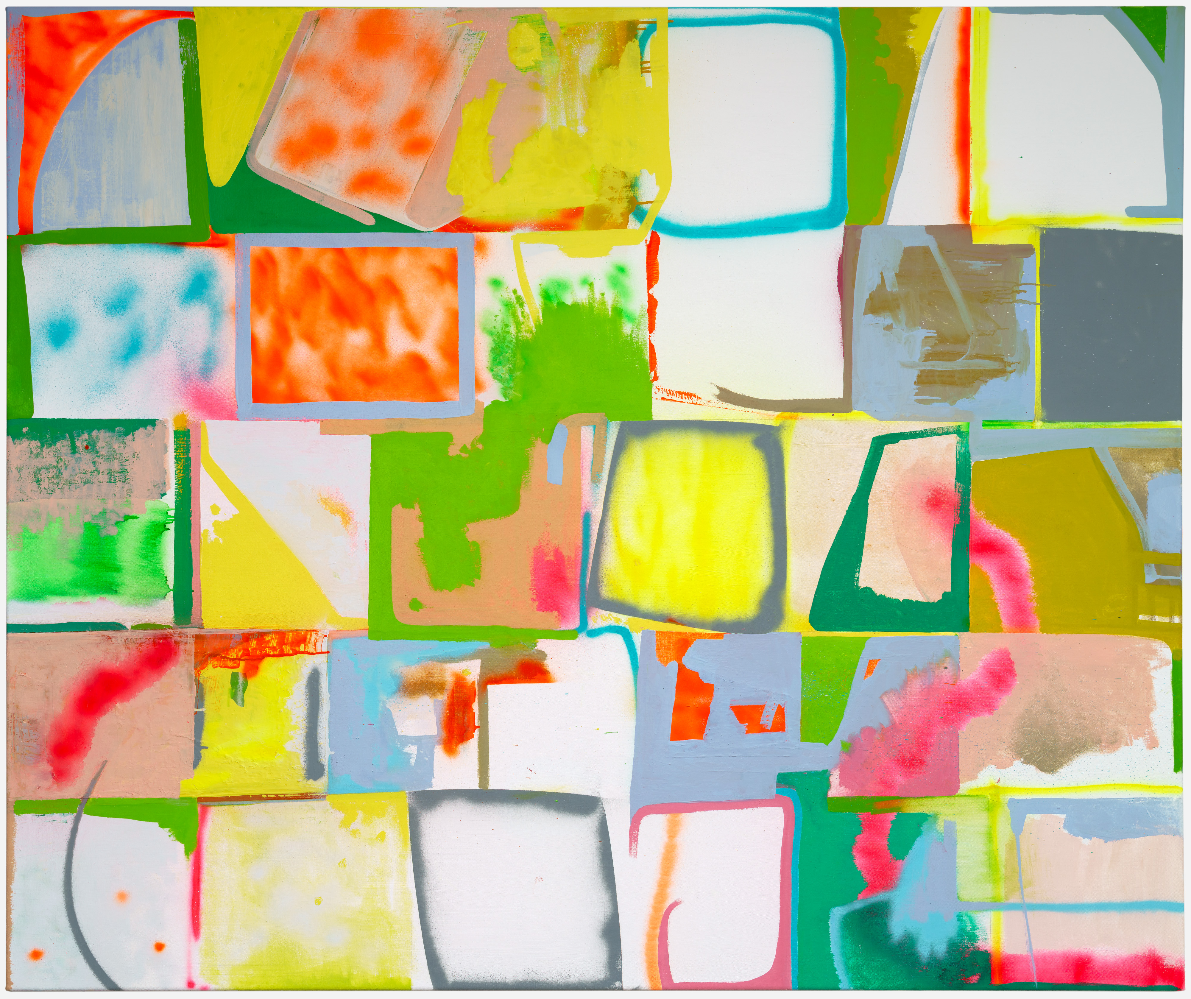 A vibrant abstract grid composition featuring irregular rectangular sections separated by bold lines in lime green, cyan, and other bright hues. The sections are filled with gestural marks, watercolor-like washes, and expressive brushstrokes in pink, orange, yellow, and green, interspersed with white and neutral-toned areas. The layered, spontaneous application creates a dynamic interplay between controlled geometry and fluid, organic painting.
