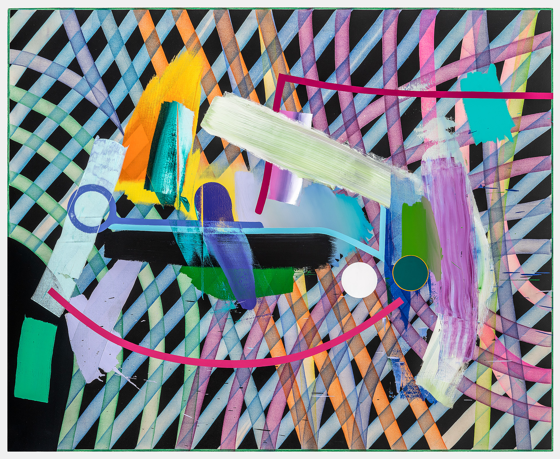 Vibrant abstract composition featuring a geometric diamond pattern background in black, white, and pastel hues, overlaid with bold brushstrokes in yellow, teal, green, and pink. Gestural marks and circular forms create a dynamic, layered composition suggesting an expressive face or figure rendered in energetic, contrasting colors.