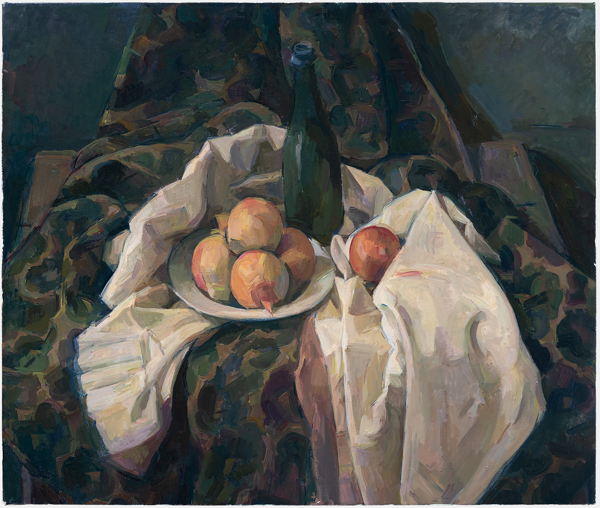 A still life composition featuring a white ceramic bowl of red and golden apples positioned centrally among crumpled white fabric and dark green bottles. The painting employs loose, expressive brushwork in muted earth tones and cool shadows, with bright highlights on the draped cloth creating strong tonal contrast against the dark background.