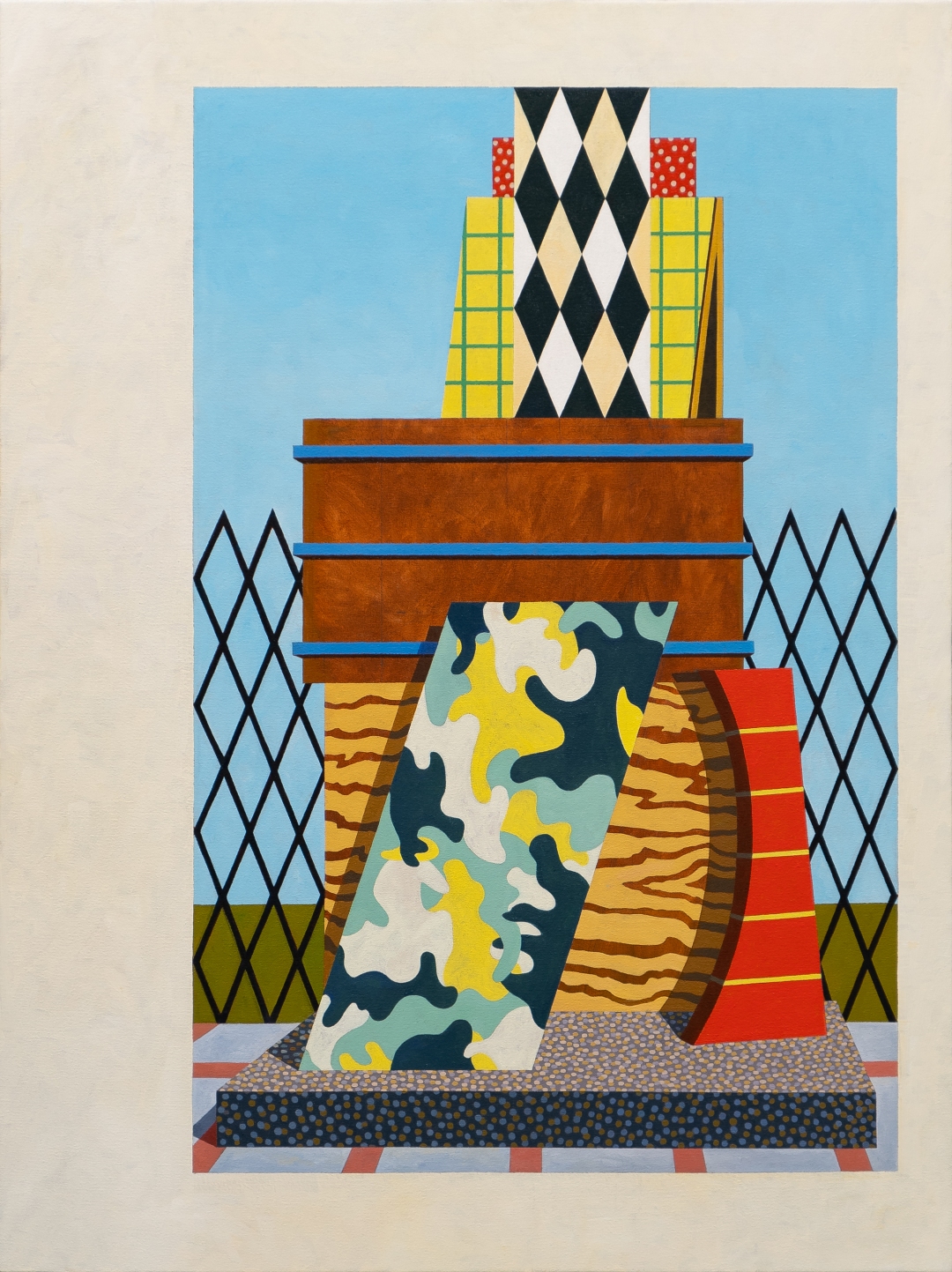 Geometric abstract composition featuring a stacked architectural structure with contrasting patterned sections in black, white, cream, yellow, and red, flanked by latticed fences against a blue sky and olive-green ground. The layered forms display bold diamond patterns, checkered designs, and vibrant color blocking in a modernist style.