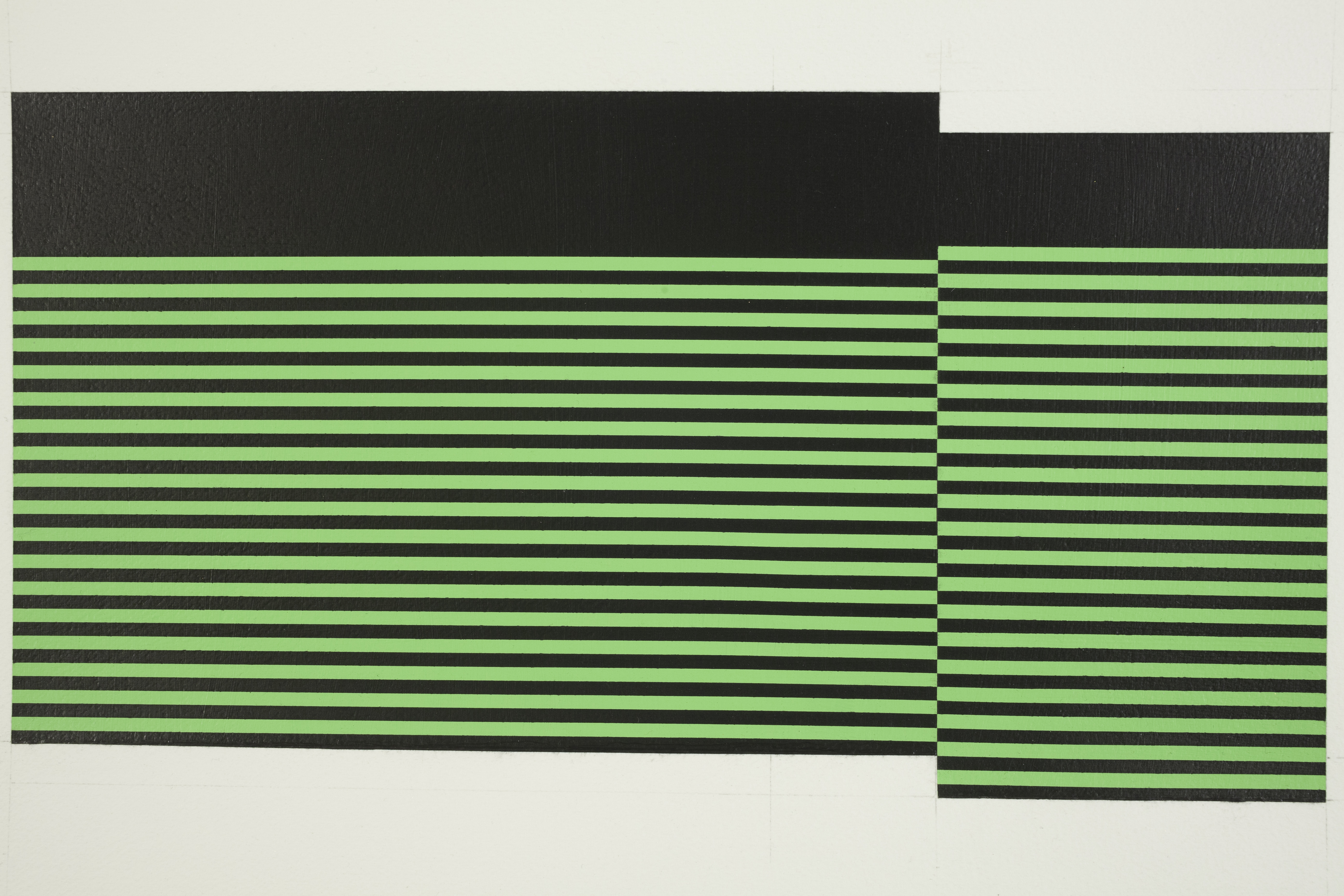 Two overlapping rectangular compositions featuring alternating horizontal stripes of bright green and dark charcoal, with the left section wider than the right. Dark graphite forms an irregular border across the top, creating a layered, geometric arrangement on a light background.