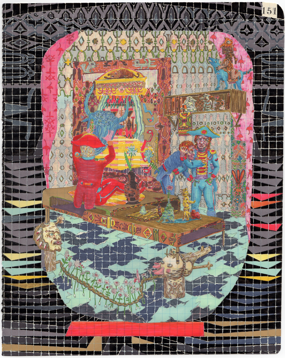An intricately layered surrealist composition featuring a central profile head in shades of red, blue, and cream, filled with an ornate palace interior scene with patterned wallpapers, figures, and architectural details. The head is framed by a pink scalloped border and sits against a black gridded background with colorful horizontal bands of yellow, pink, and green, with classical sculptural elements emerging from the lower section.