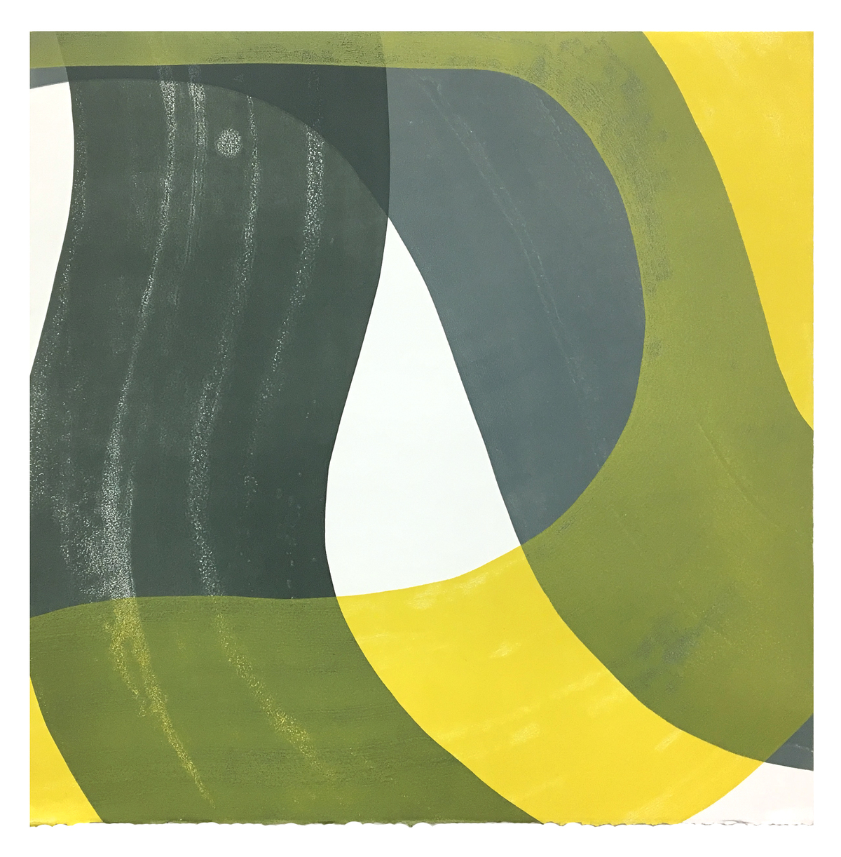 Abstract geometric composition featuring overlapping curved forms in deep green, chartreuse, and bright yellow, with vertical striations creating texture across the darker areas. A white void at the center creates negative space within the layered, organic shapes.