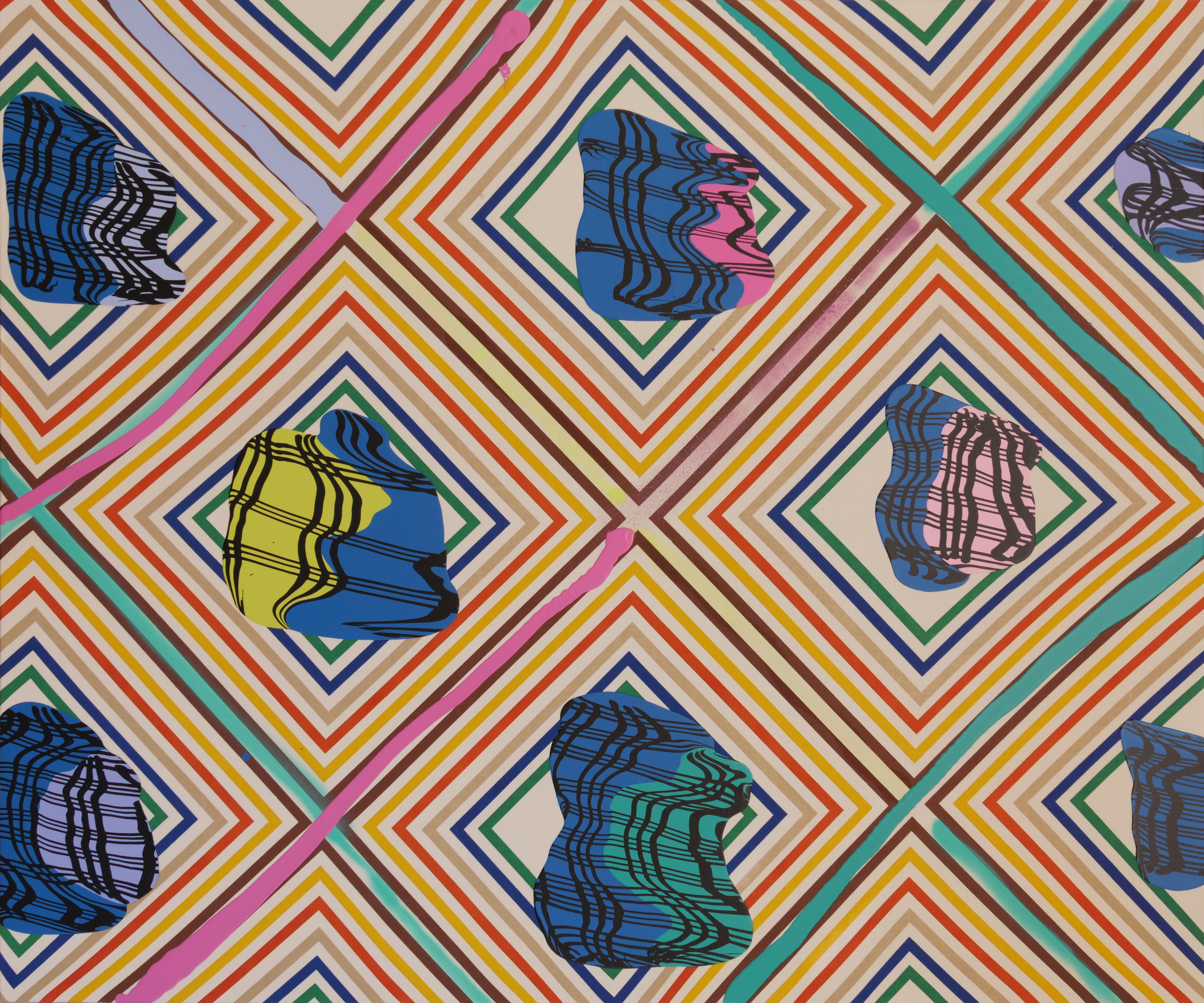 A geometric composition featuring diamond-shaped frames arranged in a diagonal grid pattern, each containing stylized blue silhouettes with linear hatching. Concentric colored stripes in red, yellow, navy, green, teal, and pink form the frames and background, creating a vibrant, rhythmic design across the composition.
