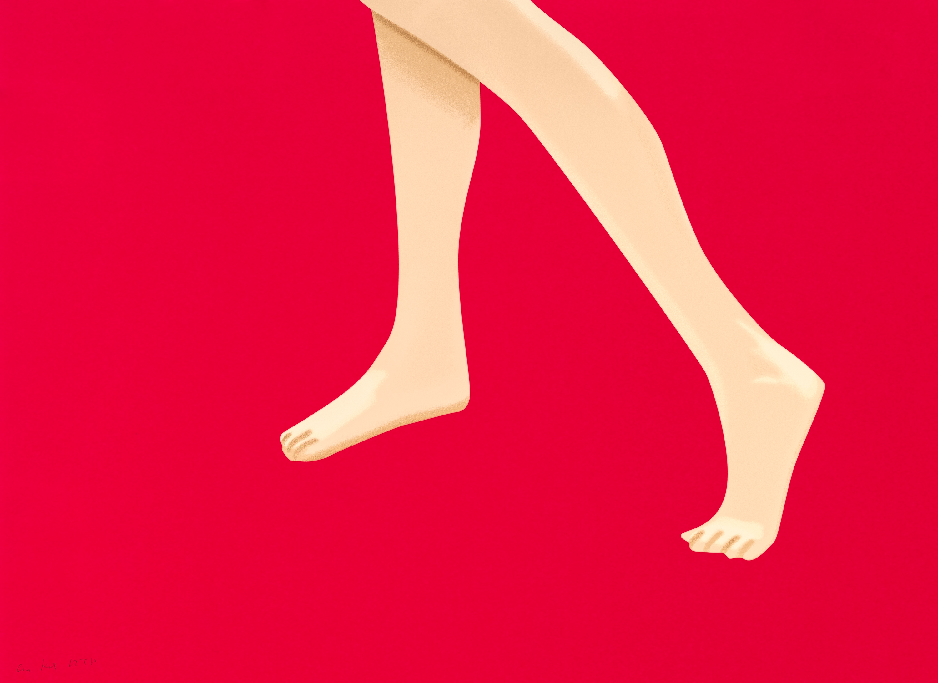 Two bare legs in pale skin tone positioned dynamically against a vivid red background, rendered in a flat, minimalist style characteristic of pop art aesthetics.