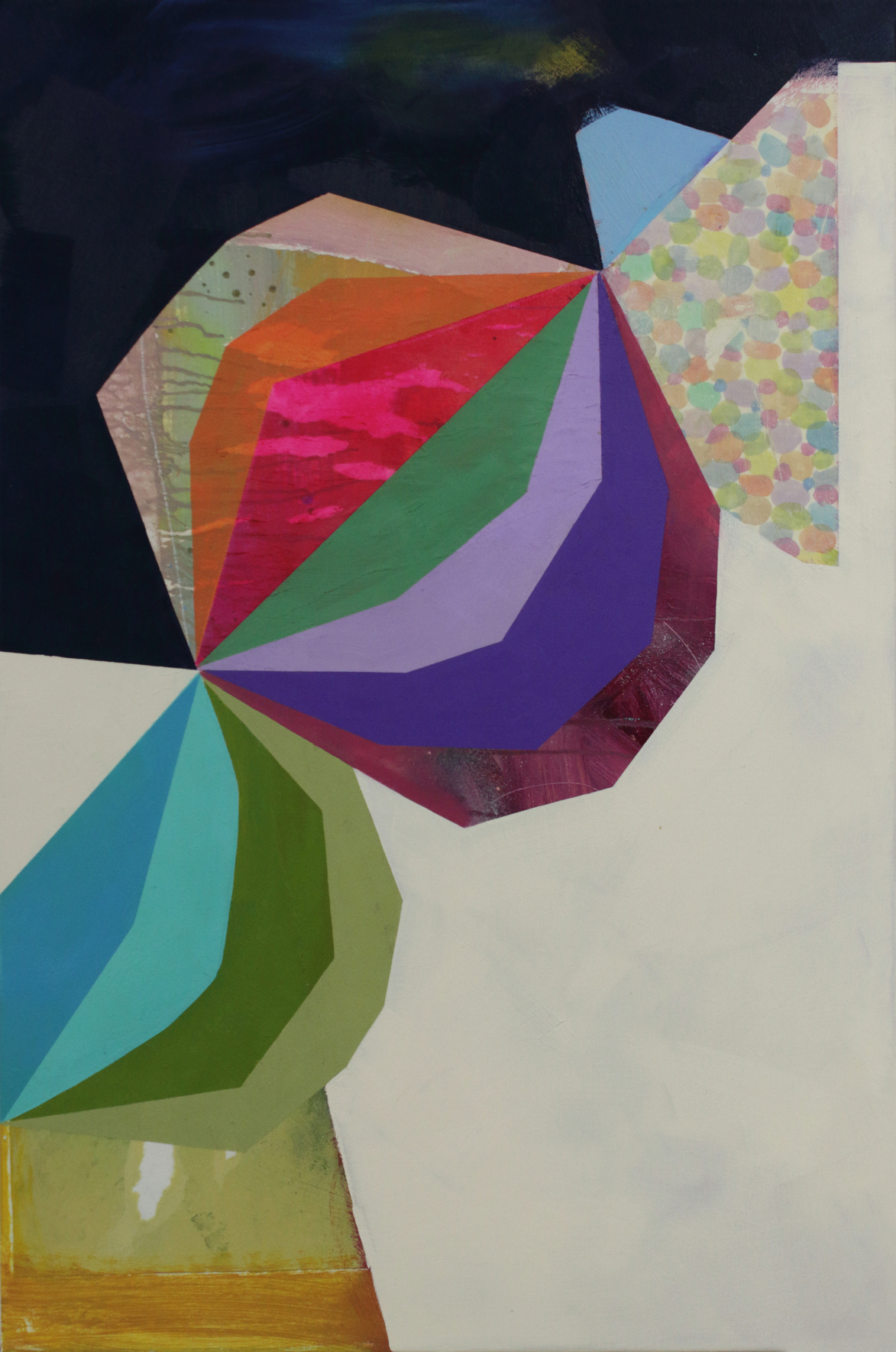 Abstract geometric composition featuring a central spherical form composed of radiating triangular segments in vibrant colors including magenta, purple, green, orange, and blue, surrounded by layered papers with patterned and solid surfaces against a dark background and cream-colored ground.