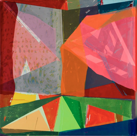 Layered geometric composition featuring overlapping triangular and rectangular shapes in vibrant colors including red, orange, pink, green, yellow, and navy blue. The work combines painted and printed elements with translucent and opaque surfaces that create depth through color interaction and spatial complexity.