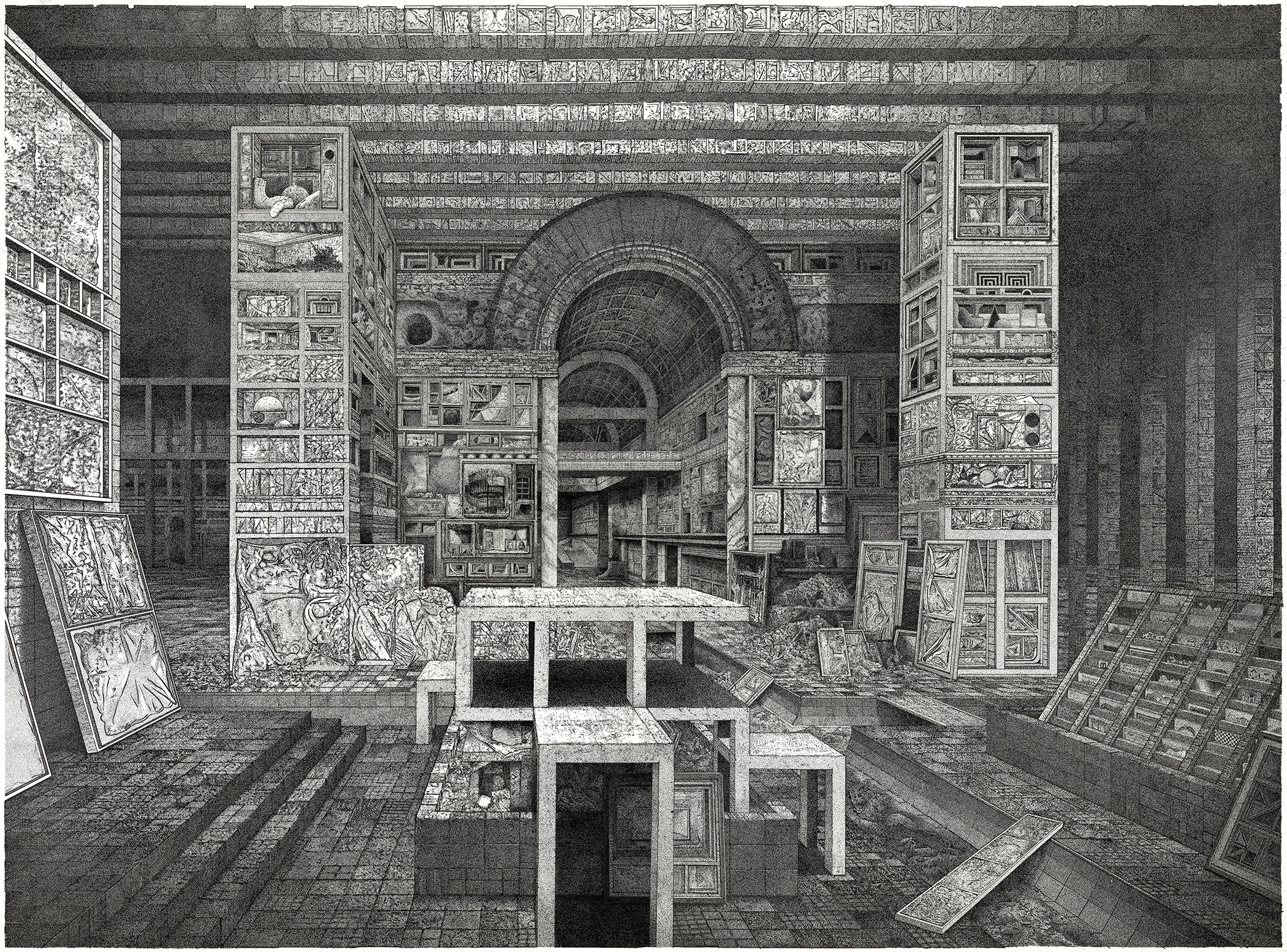 A detailed black and white drawing depicting an underground gallery or storage space with arched ceilings, featuring numerous framed artworks and panels displayed on walls and leaning against surfaces, with geometric patterned floors and a central platform or table structure.