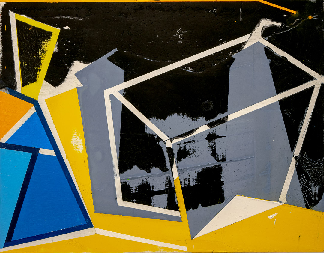 Abstract composition featuring bold geometric shapes in yellow, blue, cyan, and gray with white outlines against a dark black background. Overlapping angular forms create a fragmented, three-dimensional effect with areas of exposed dark ground suggesting depth and layering.
