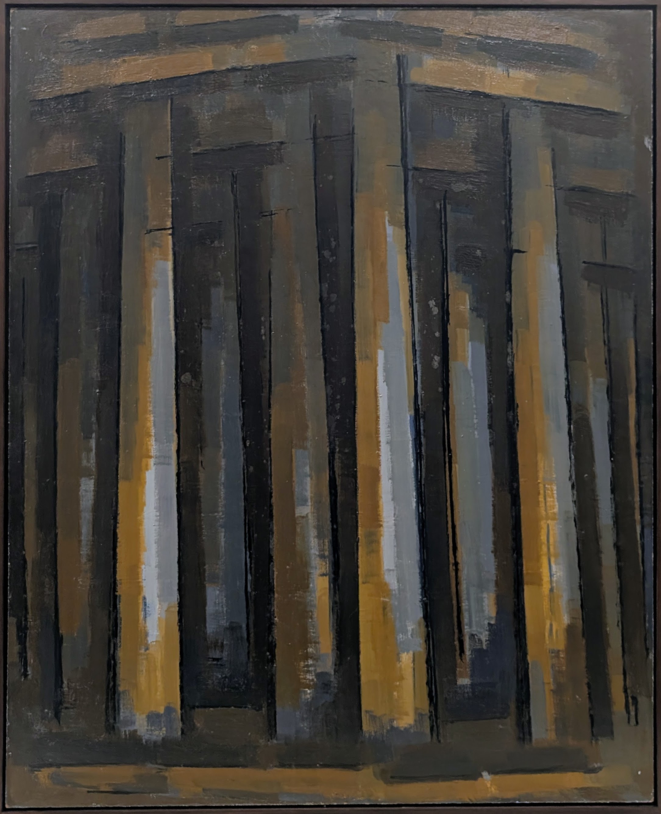 Abstract vertical composition featuring overlapping dark charcoal and black rectangular forms with ochre and white accents, suggesting a forest or grove of trees rendered in bold, gestural brushstrokes against a muted earth-toned background.