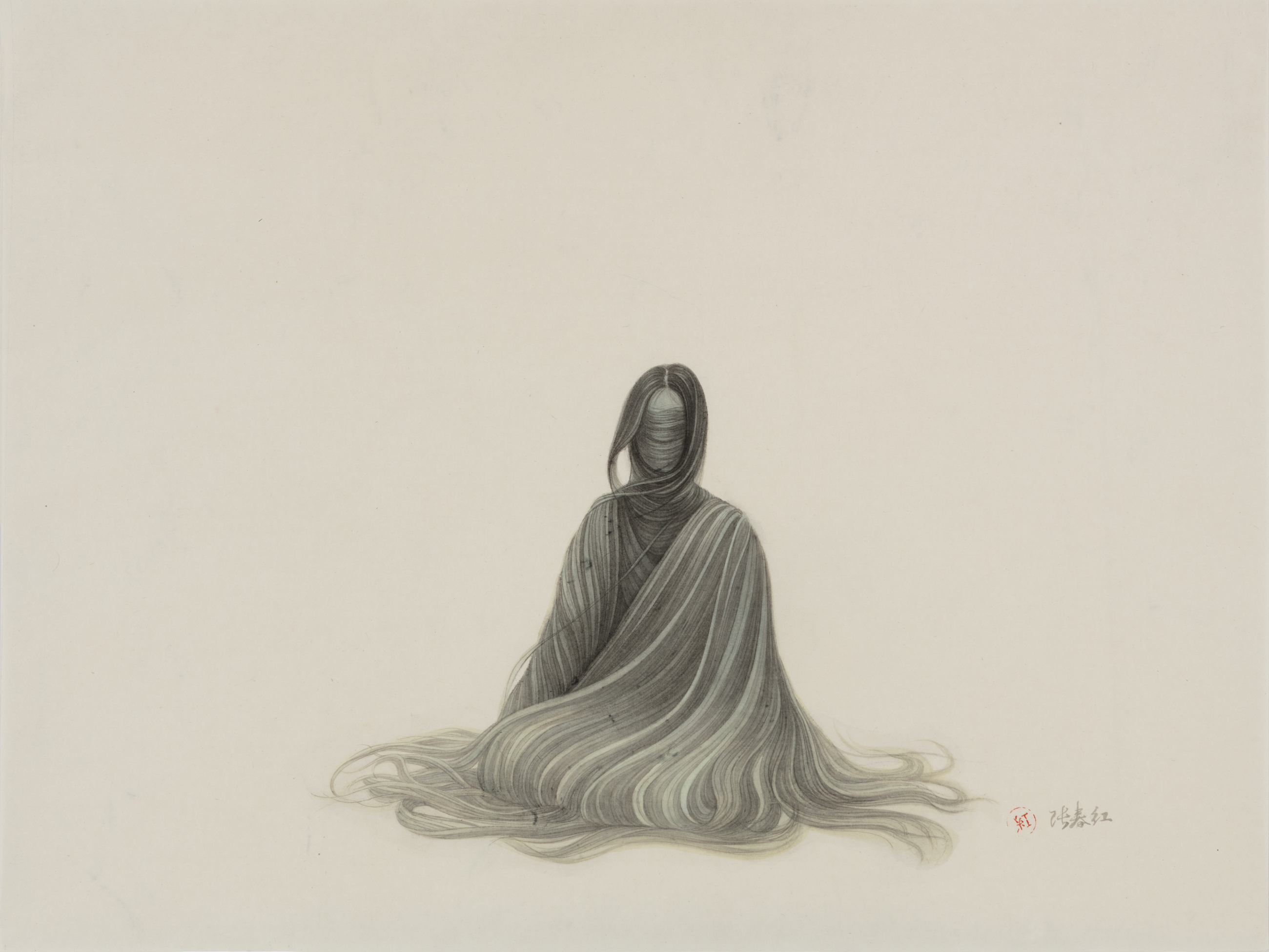 A seated figure with long dark hair draped in flowing striped fabric sits centered against a neutral background. The work is rendered in delicate graphite and ink tones on paper, with particular emphasis on the intricate linear patterns of the garment that pools around the figure's base.