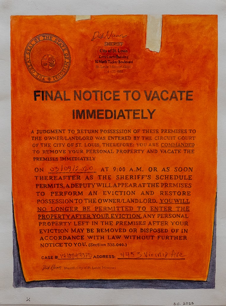 An orange eviction notice rendered in graphite and watercolor on paper, featuring official seal and legal text stamped across the surface. The document's urgent typography and institutional aesthetic are presented as a gallery artwork mounted on a neutral background.