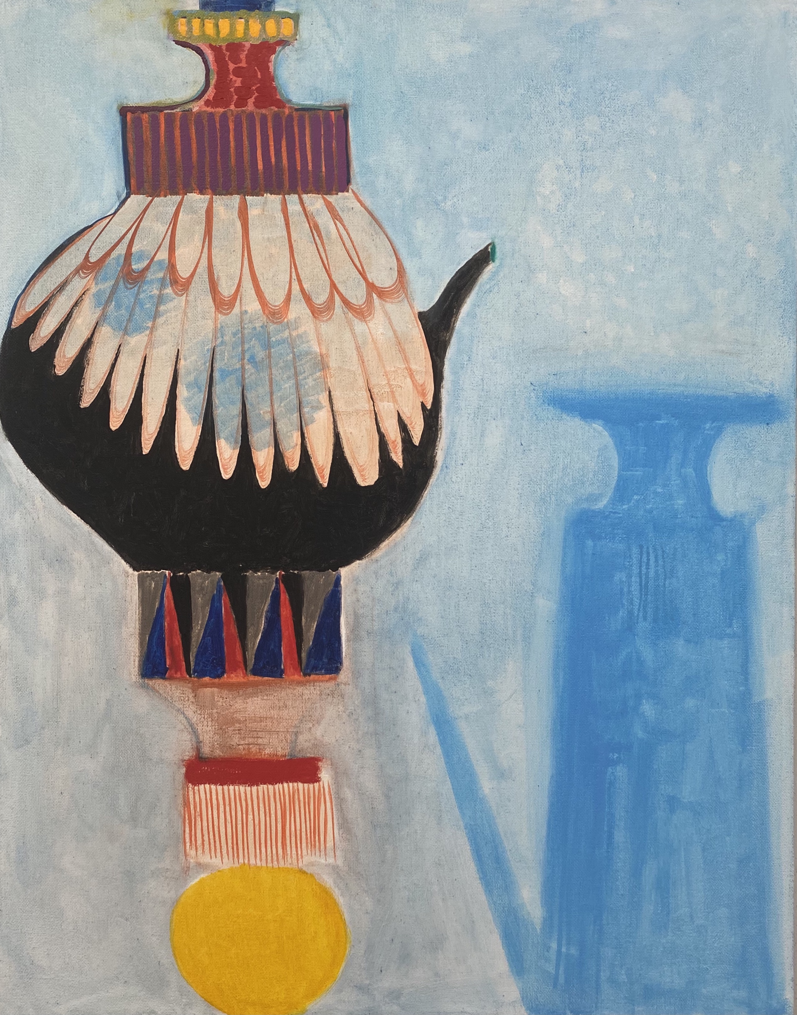 A stylized still life composition featuring a decorative black vessel with a bulbous body and ornamental red and gold detailing, topped with a delicate shell or petal-like motif in cream and coral tones. Behind it stands a tall blue vase rendered in soft, atmospheric brushwork against a pale sky-blue background, with a bright yellow circle positioned at the base of the arrangement.