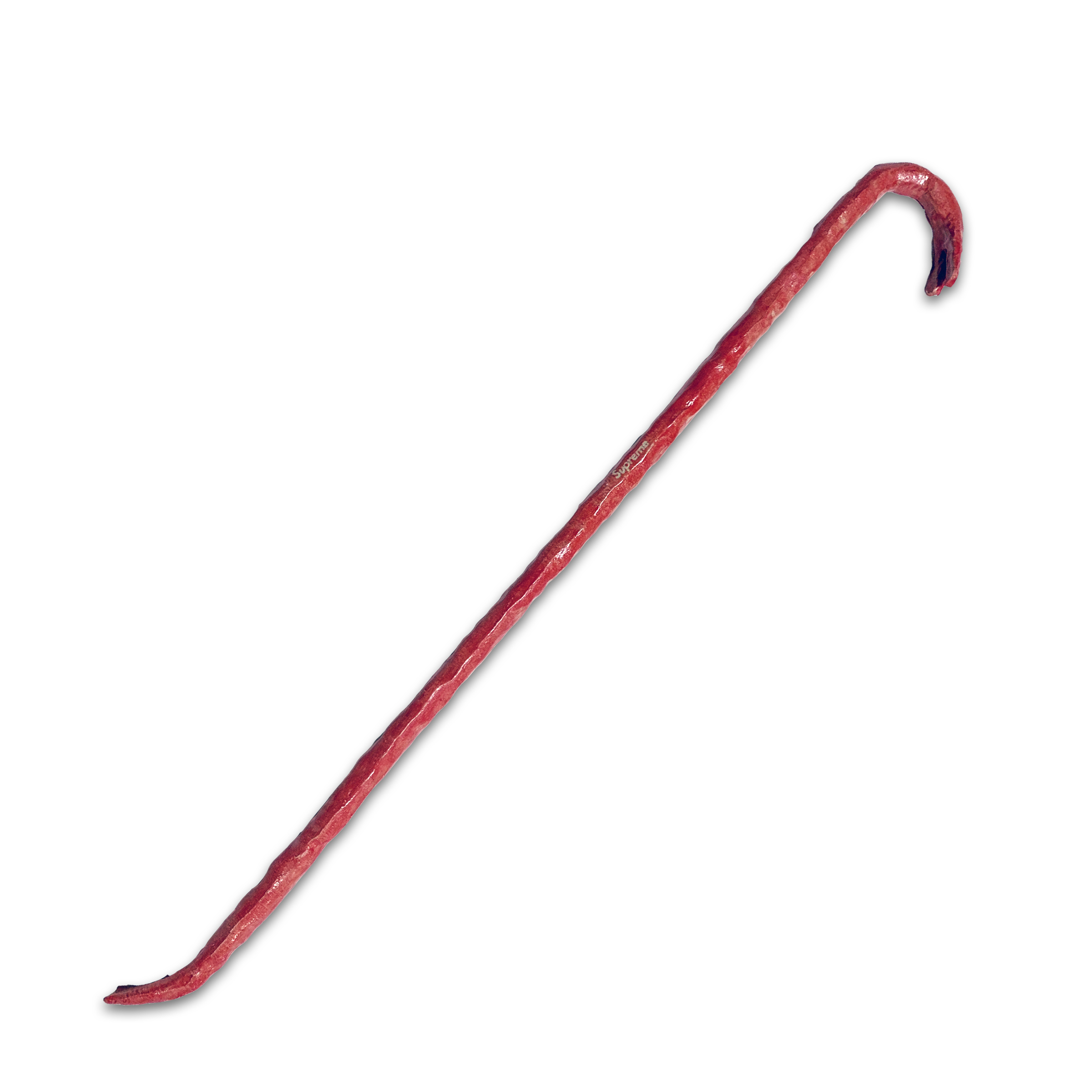 A long, curved tool with a hook at the end, rendered in deep red and burgundy glazed clay. The implement tapers from a wider curved hook at the top to a narrow pointed shaft, evoking both functional and sculptural qualities.