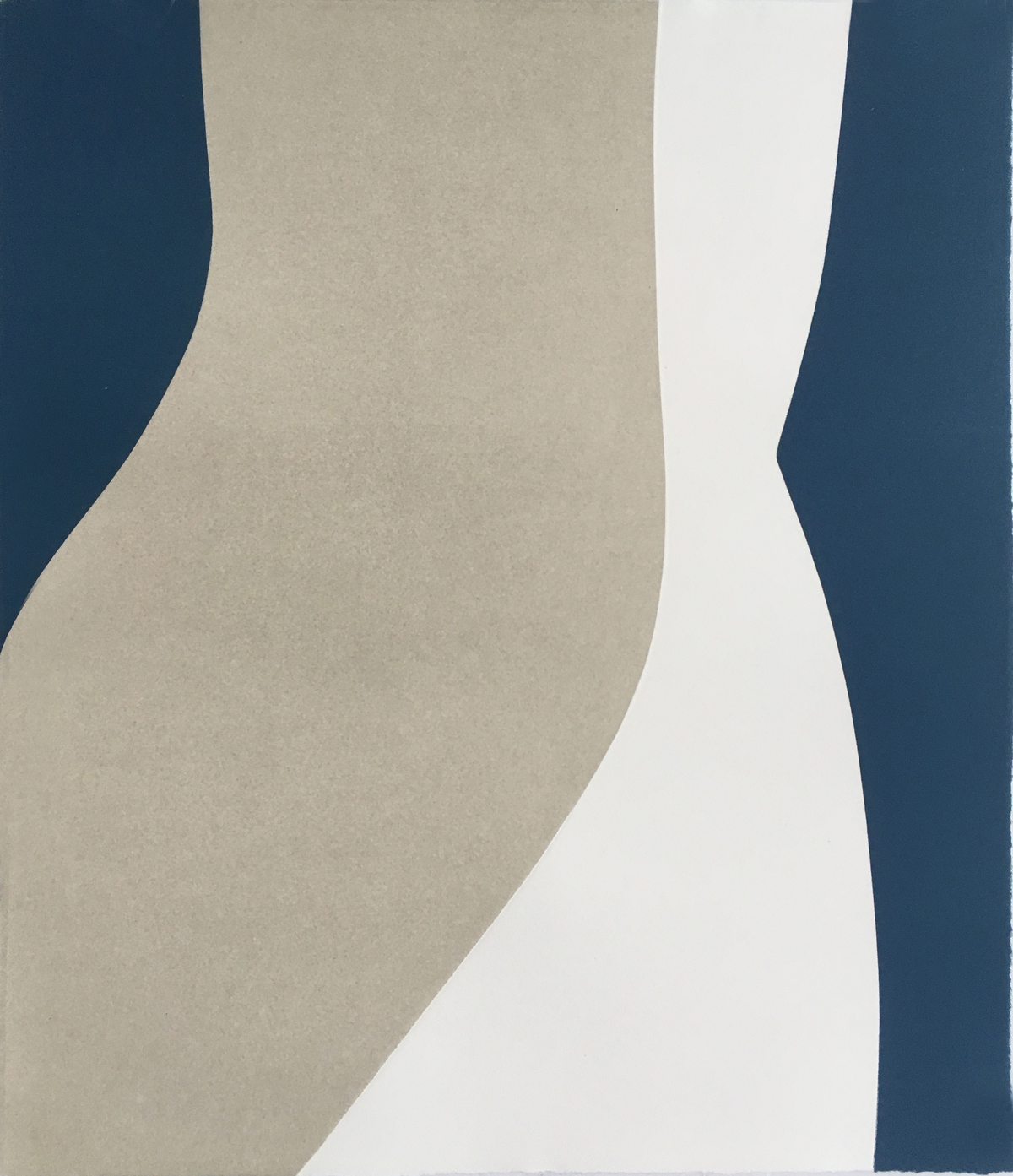 Abstract relief print featuring bold geometric forms in deep teal, warm beige, and cream tones. Curved and angular shapes create a dynamic composition with strong vertical elements and flowing organic lines against a light background.