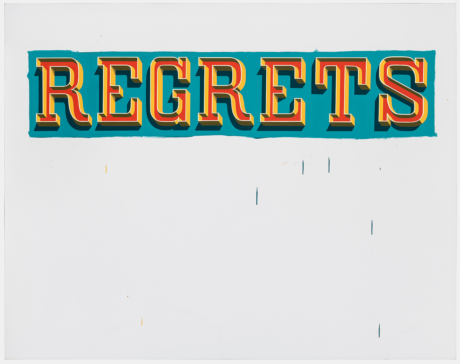 Vibrant red and yellow block lettering set against a turquoise background, with scattered vertical marks in blue and orange scattered across the lower portion of the light gray canvas.