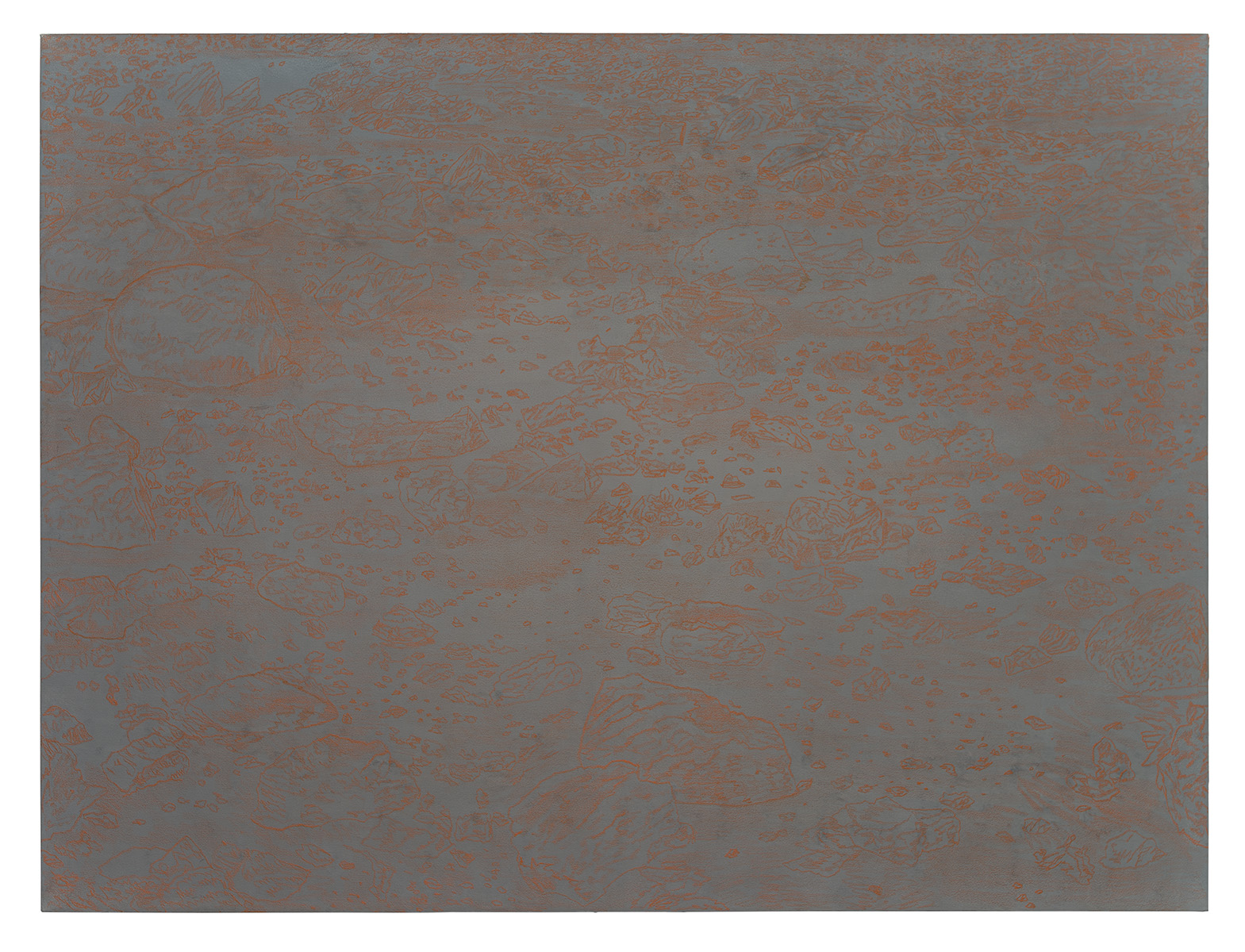 Textured gray-blue surface with rust-red linear marks and gestural marks creating an abstract, weathered appearance throughout the composition. The marks suggest a landscape or topographical forms rendered in warm tones against the cooler ground.