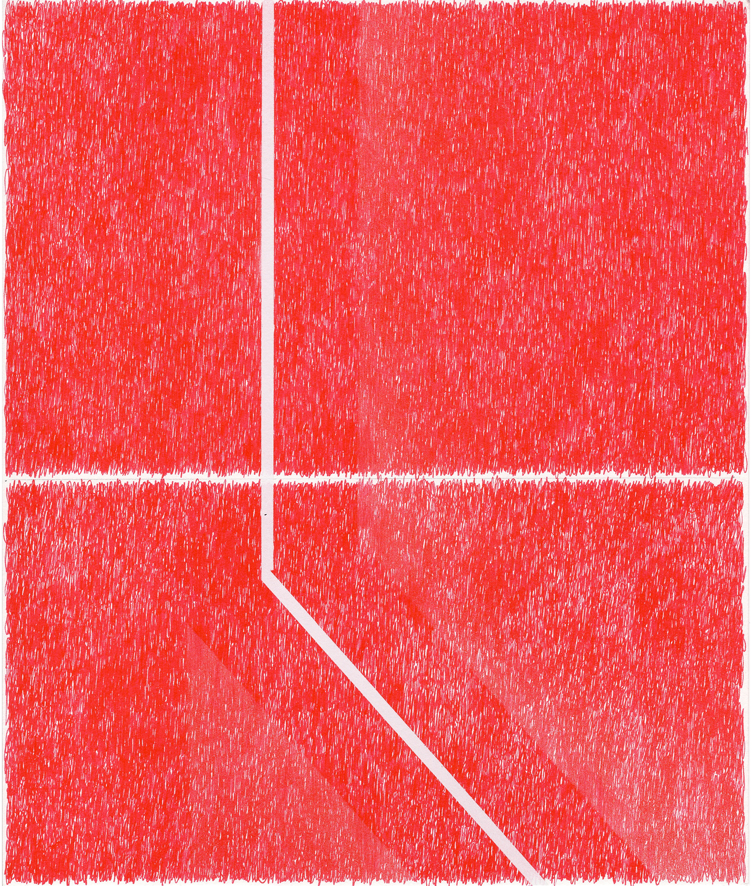 Four red panels separated by white lines, filled with dense, gestural marks creating a textured, expressive surface. A single white diagonal line cuts through the lower right quadrant.