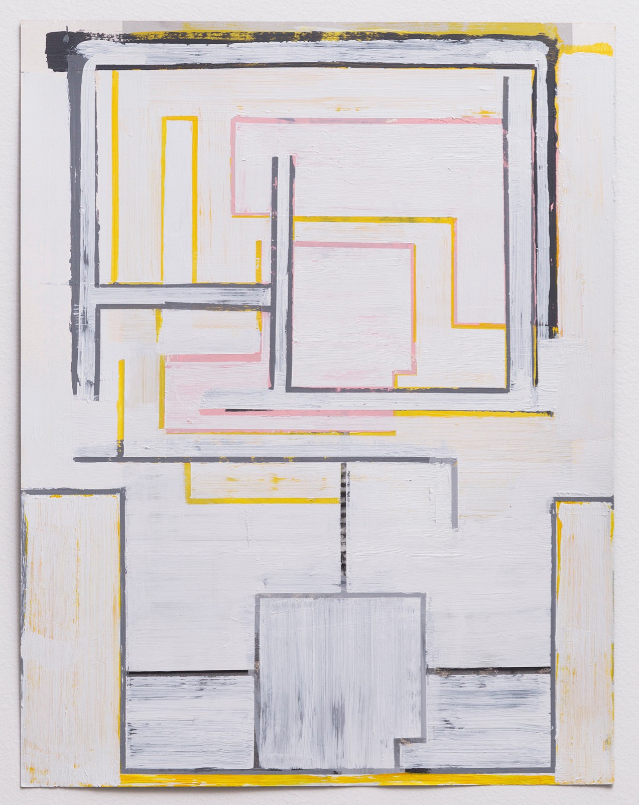 Abstract geometric composition featuring overlapping rectangular frames in gray, yellow, and pink on a white background, with visible brushstrokes and layered paint creating a sense of architectural or spatial depth.