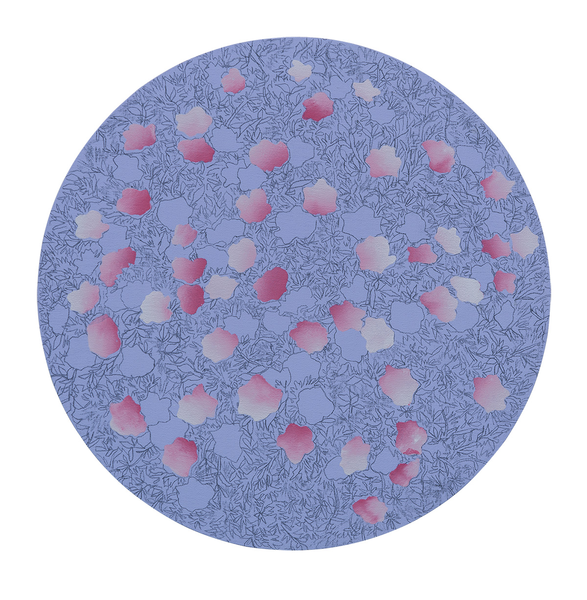 A circular composition on a periwinkle-blue ground features delicate line-drawn foliage throughout, with approximately fifty soft, watercolor-like circular blooms in varying shades of pink, coral, and white distributed across the surface.