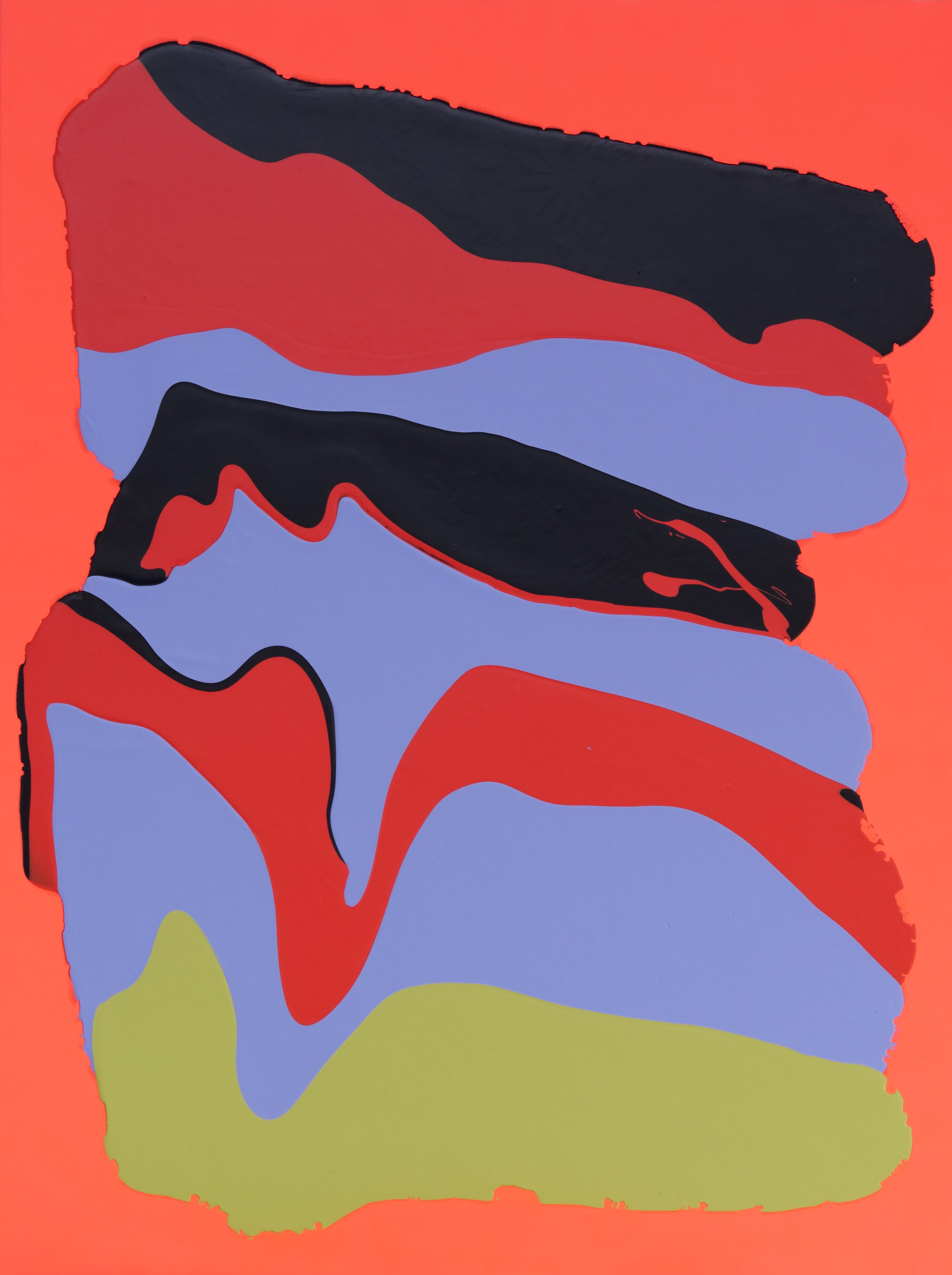 Abstract composition of stacked, undulating organic forms in contrasting colors—black, red, periwinkle blue, and chartreuse yellow—layered horizontally against a vibrant coral-red background. The sinuous shapes create a sense of movement and depth through their interlocking curves and wavy edges.