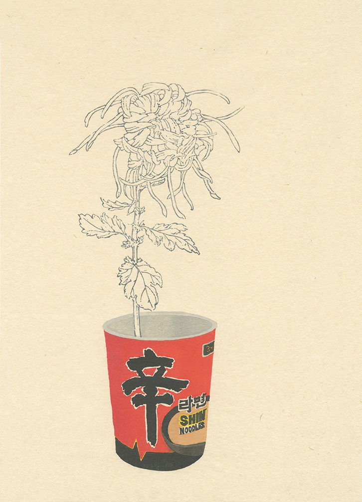 A delicate line drawing of a wilting flower with drooping petals and leaves emerges from a red instant noodle cup printed with bold black kanji characters and branding text, set against a cream-colored background.
