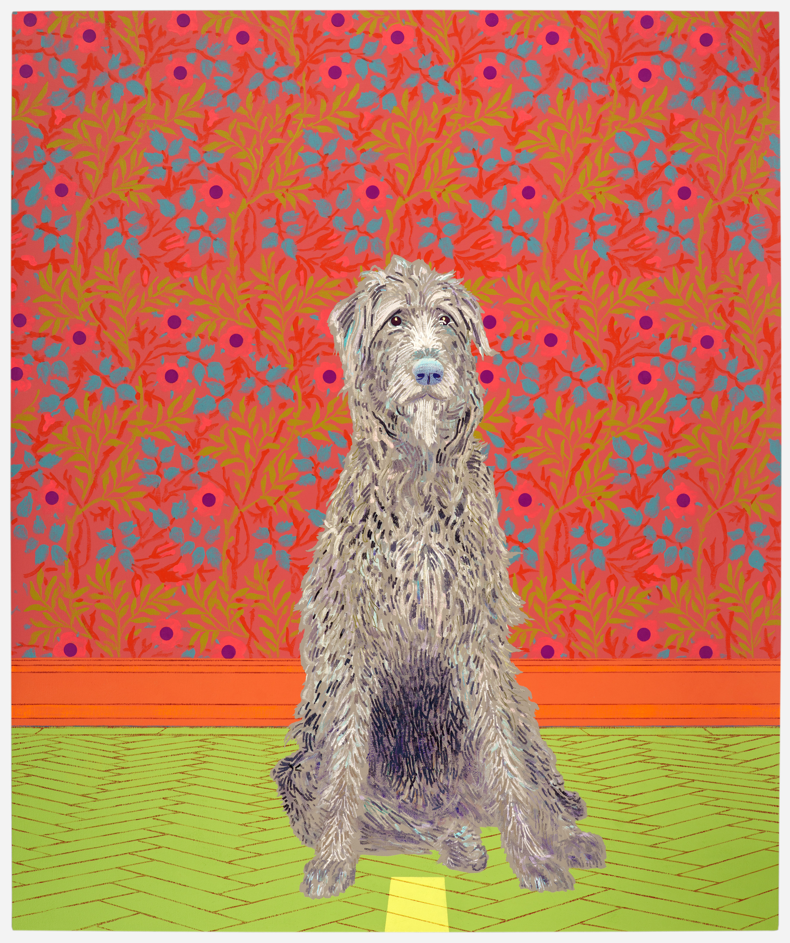 A shaggy, gray-haired dog sits centered on a lime green textured floor, gazing forward with a serene expression. Behind the dog, a vibrant patterned wall features red, coral, and yellow organic branching forms with turquoise leaf shapes and purple circular accents, separated from the floor by a bright orange horizontal band.