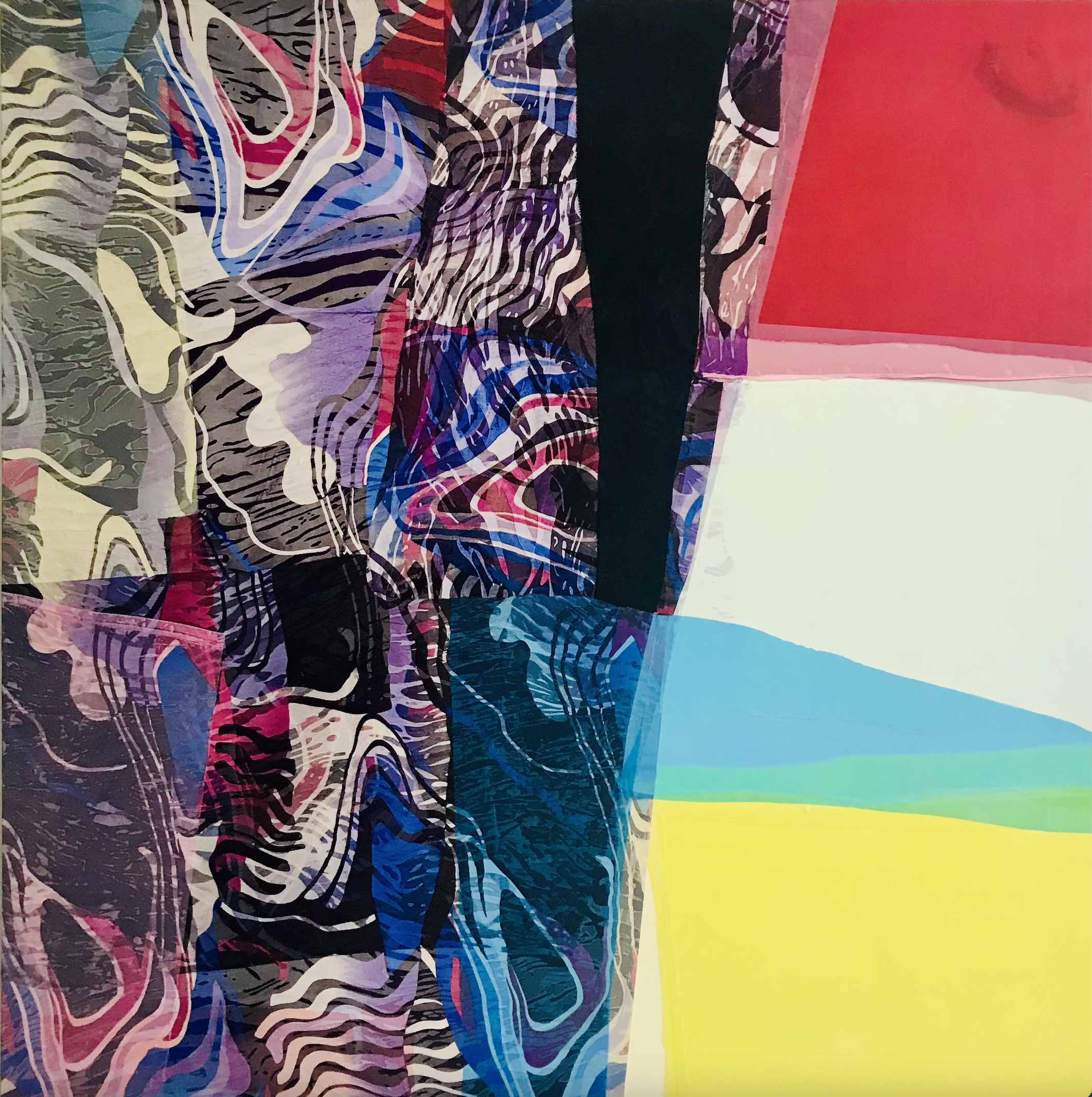 Layered abstract composition combining vibrant swirling patterns in pink, blue, purple, and black with crisp geometric color blocks of red, white, blue, green, and yellow. The intricate organic forms on the left contrast sharply with clean horizontal bands on the right, creating a dynamic tension between chaos and order.