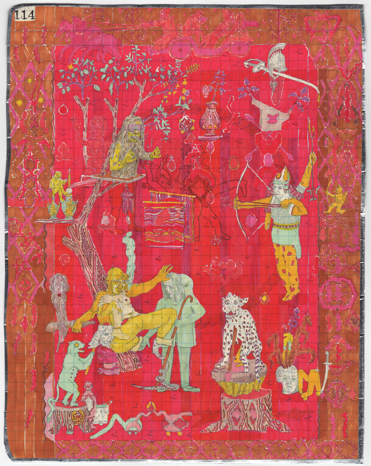 A densely patterned composition on a red background featuring figures in Southeast Asian dress, mythical creatures including a spotted leopard and monkey, ornamental trees, architectural elements, and decorative borders in gold, yellow, and cream tones surrounding the central scene.