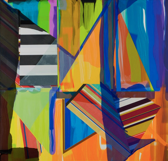 Abstract composition featuring bold geometric shapes and vibrant colors including neon green, orange, blue, and red, with layered angular forms and stripes creating dynamic visual movement across the canvas.