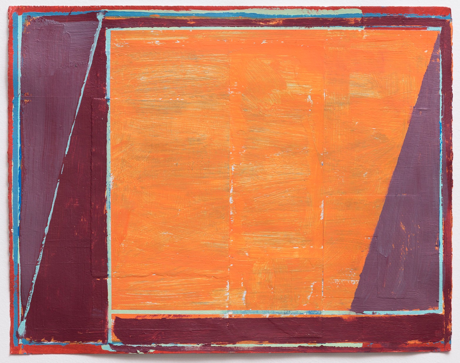 Abstract composition featuring a large central orange rectangle framed by deep burgundy and maroon sections, with light blue linear elements defining the geometric borders. Bold, gestural brushstrokes create texture across the orange field, while the layered rectangular forms suggest depth and spatial recession.